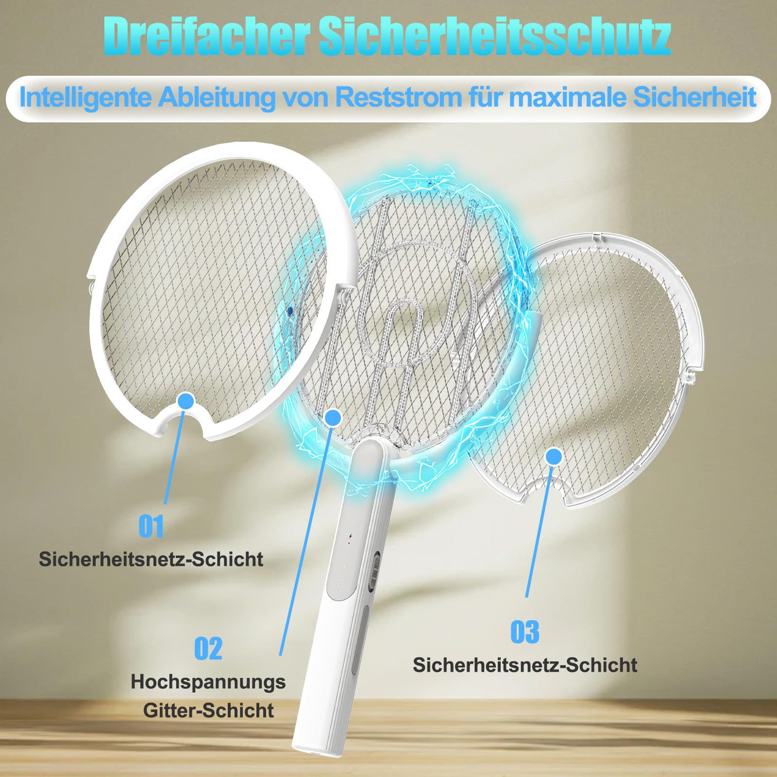 Elektrische Fliegenklatsche, 4000V Insektenvernichter mit Teleskopstange，1800mAh Akku, 2-in-1 USB-C Mückenfalle mit Rotierendem Kopf und Ladestation, für Innen und Außen