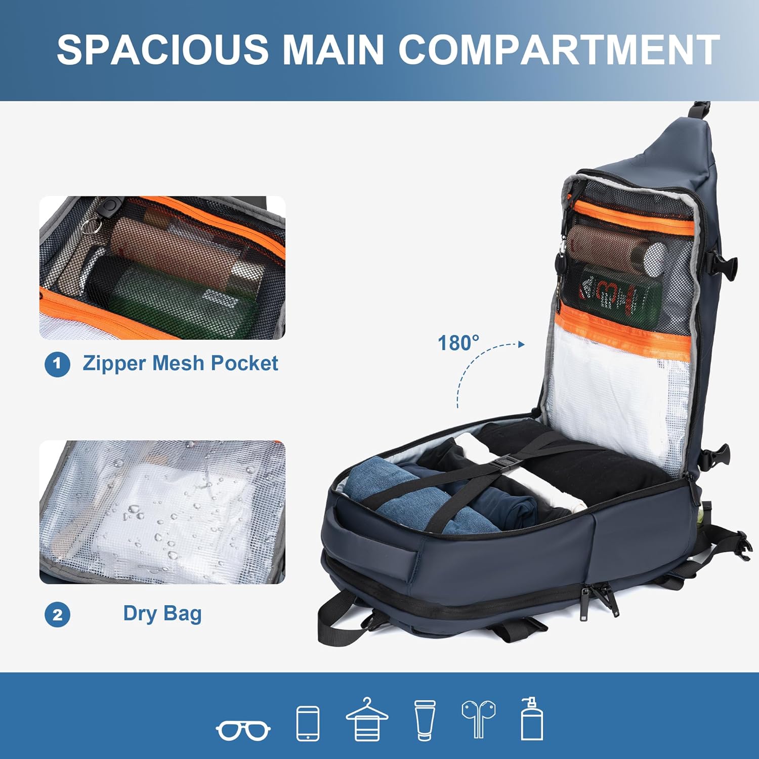 Travel Backpack for Men and Women, Flight-Approved Carry-On Backpack with Laptop Compartment; Large-Capacity Personal Item for Business, Work, School, or Weekend Trips(Blue) - Image 6