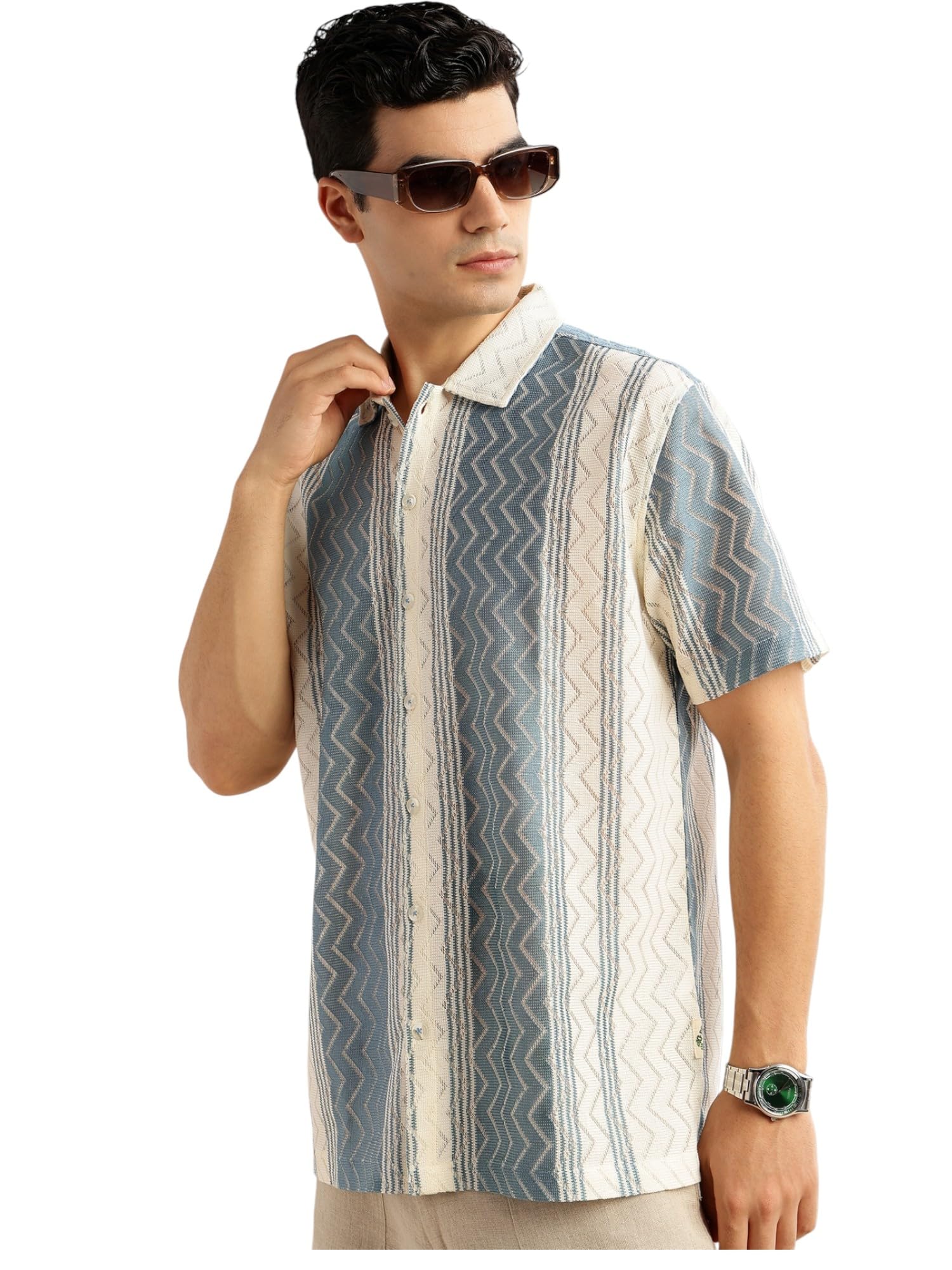 thomas scott Mens Half Sleeves Cotton Blend Crochet Textured Shirt-picture-23