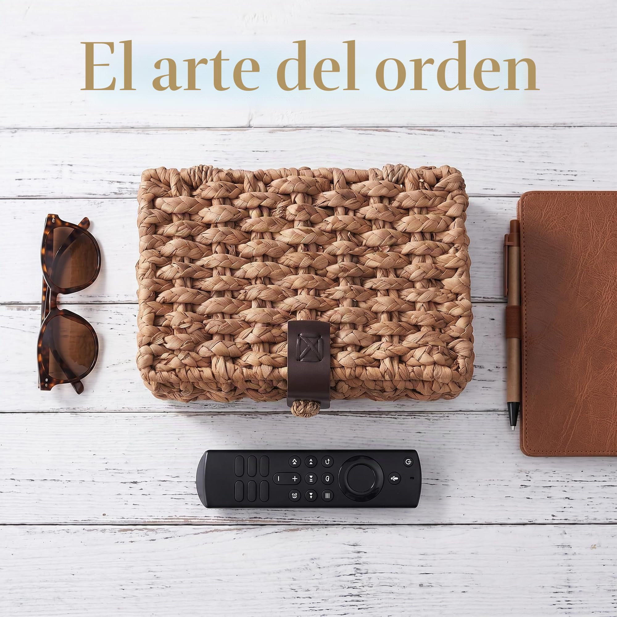 Cesta de Mimbre con Tapa, Cesta Almacenaje Tejida en Jacinto de Agua para Estante, Mesa de Centro, Mesa Consola, Decoración del Hogar (Grande)
