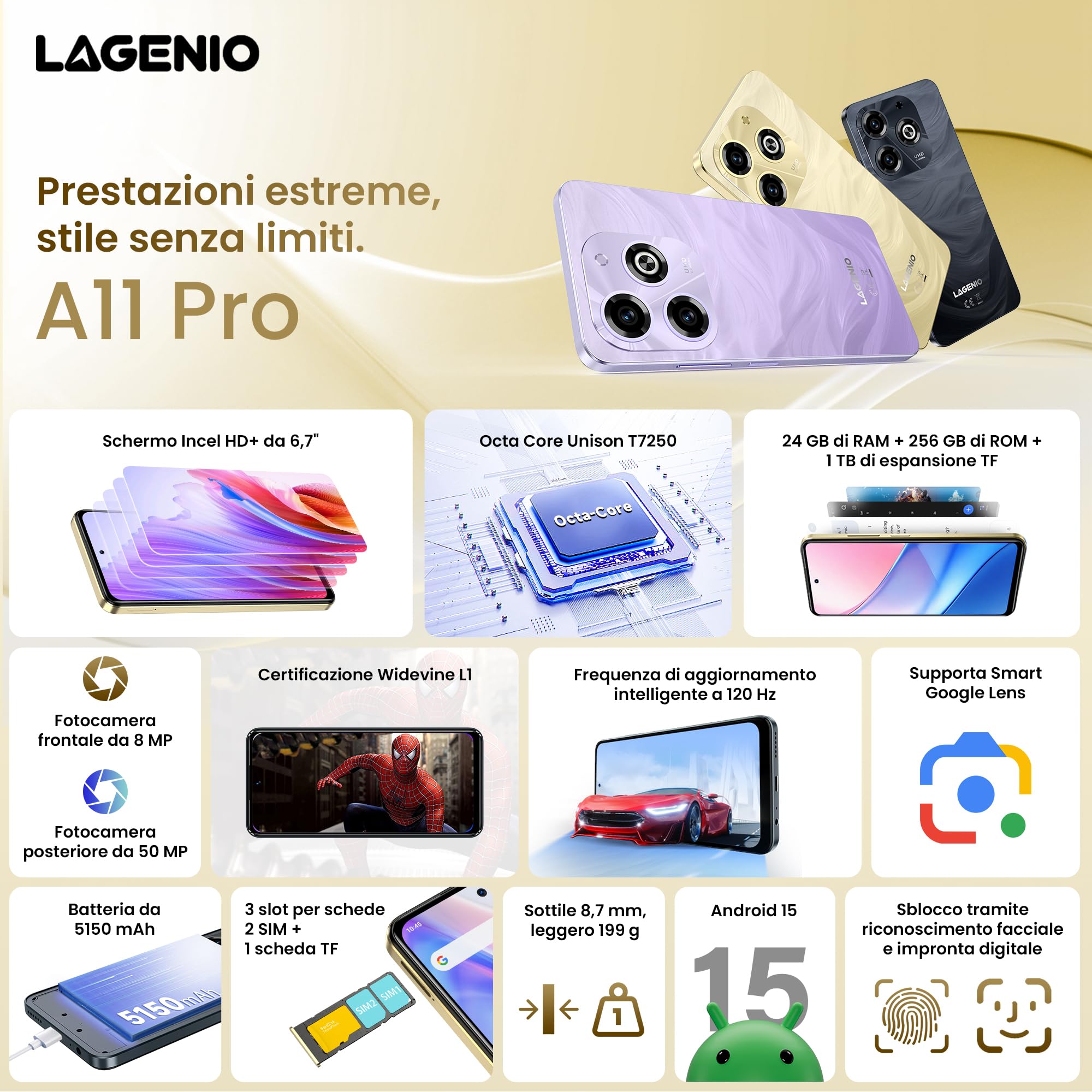 A11 Pro Android 15 Telefono Cellulare, 6.7 Inch HD+ 120Hz Mobile Phone, 24GB+256GB/TF 1TB, Dual SIM 4G Android Smartphone, 50MP+8MP AI Camera/Widevine L1/Face ID/GPS/OTG