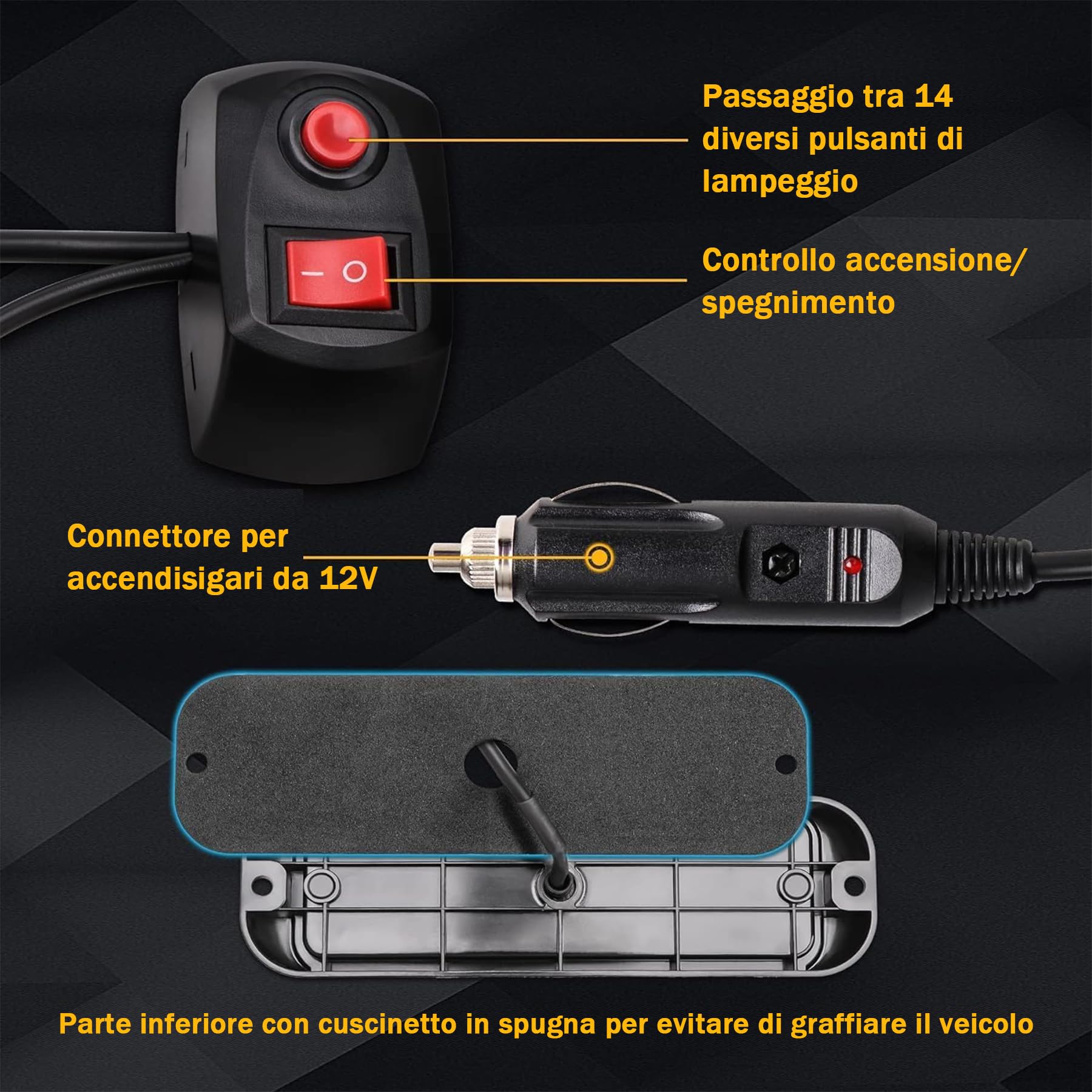 Luce Stroboscopica LED Arancione 8x8 Faro di Emergenza 12-24V Lampeggiante Universale per Auto, Camion, Camper, SUV e ATV con 14 Modalità Flash IP65 per Sicurezza Stradale e Intervento