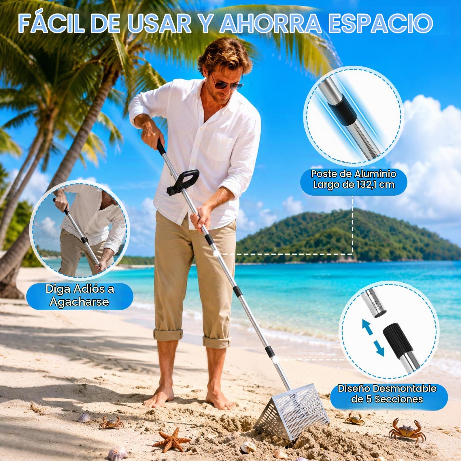Rastrillo para pulgas de arena, rastrillo de tesoro de playa de acero inoxidable, tamiz de arena de acero inoxidable de 16 pulgadas de ancho para dientes de tiburón, conchas y cangrejos de