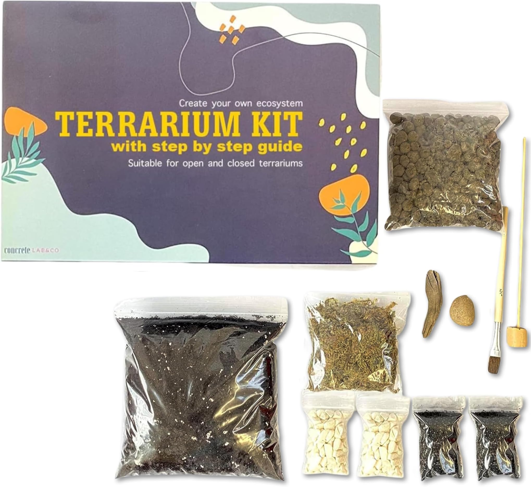 Terrarium DIY Kit for Succulents and Cacti Plants with Step by Step Guide Includes Soil Charcoal Pebbles Sphagnum Moss white Stones Driftwood & Brush (Large)