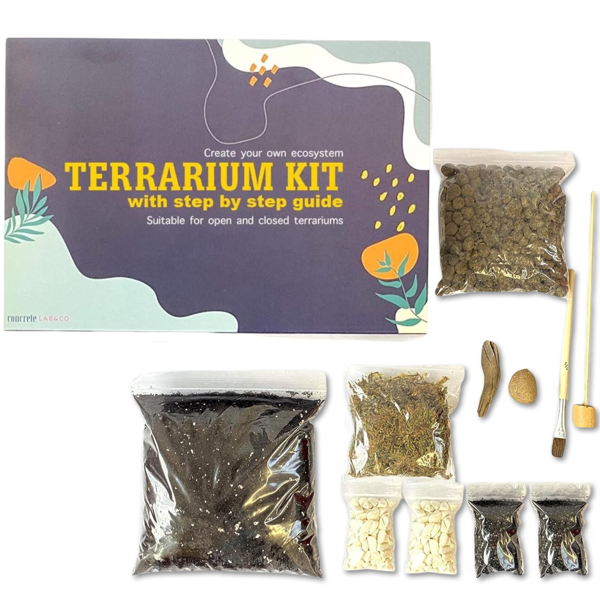 Terrarium DIY Kit for Succulents and Cacti Plants with Step by Step Guide Includes Soil Charcoal Pebbles Sphagnum Moss white Stones Driftwood & Brush (Large)