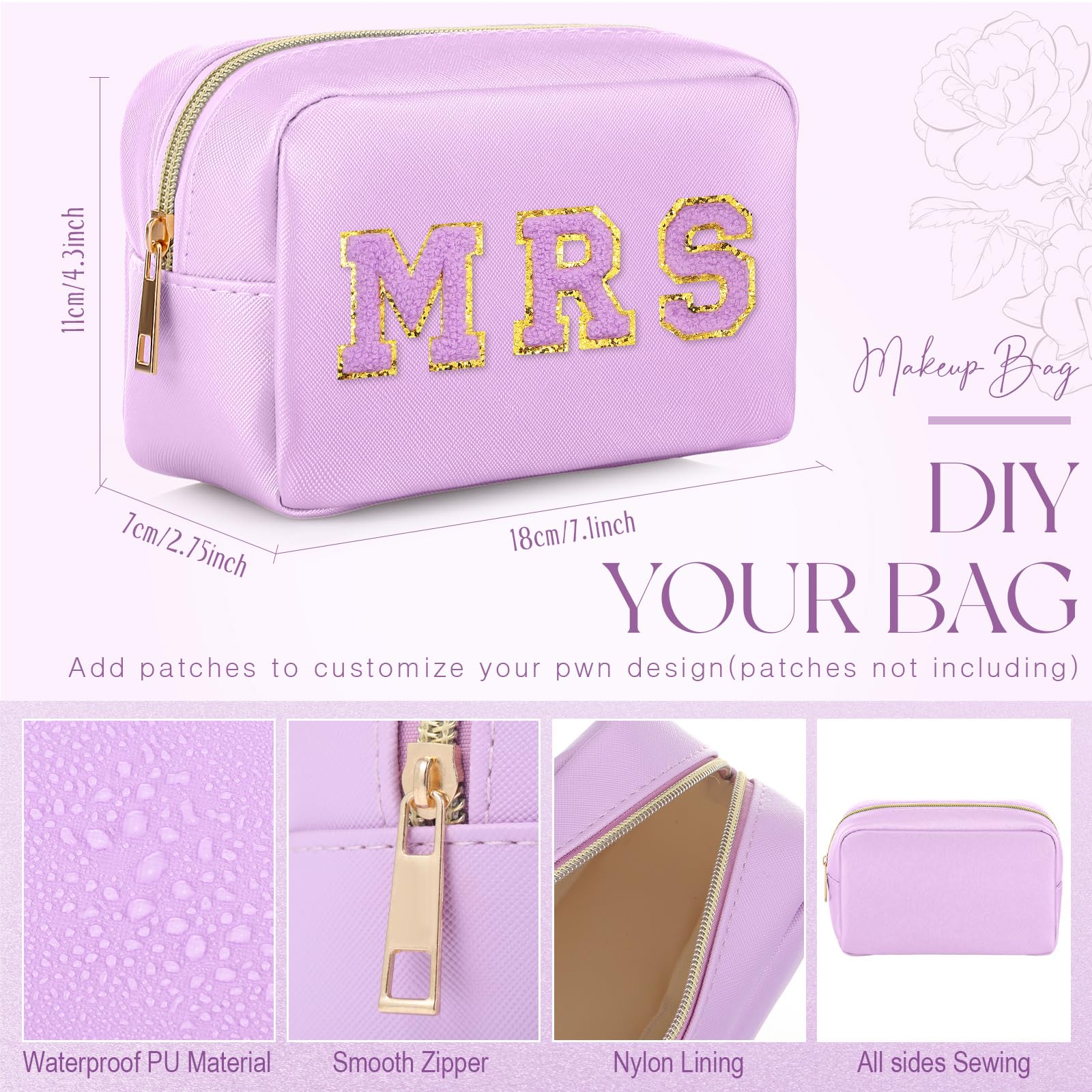 Sweetude Make-up-Tasche für Brautjungfer, Geschenk, Hochzeit, Junggesellinnenabschied, DIY, Kulturbeutel, PU-Leder, Hautpflege, kleine Make-up-Tasche für Damen, 10 Stück, Purpur, Adrett
