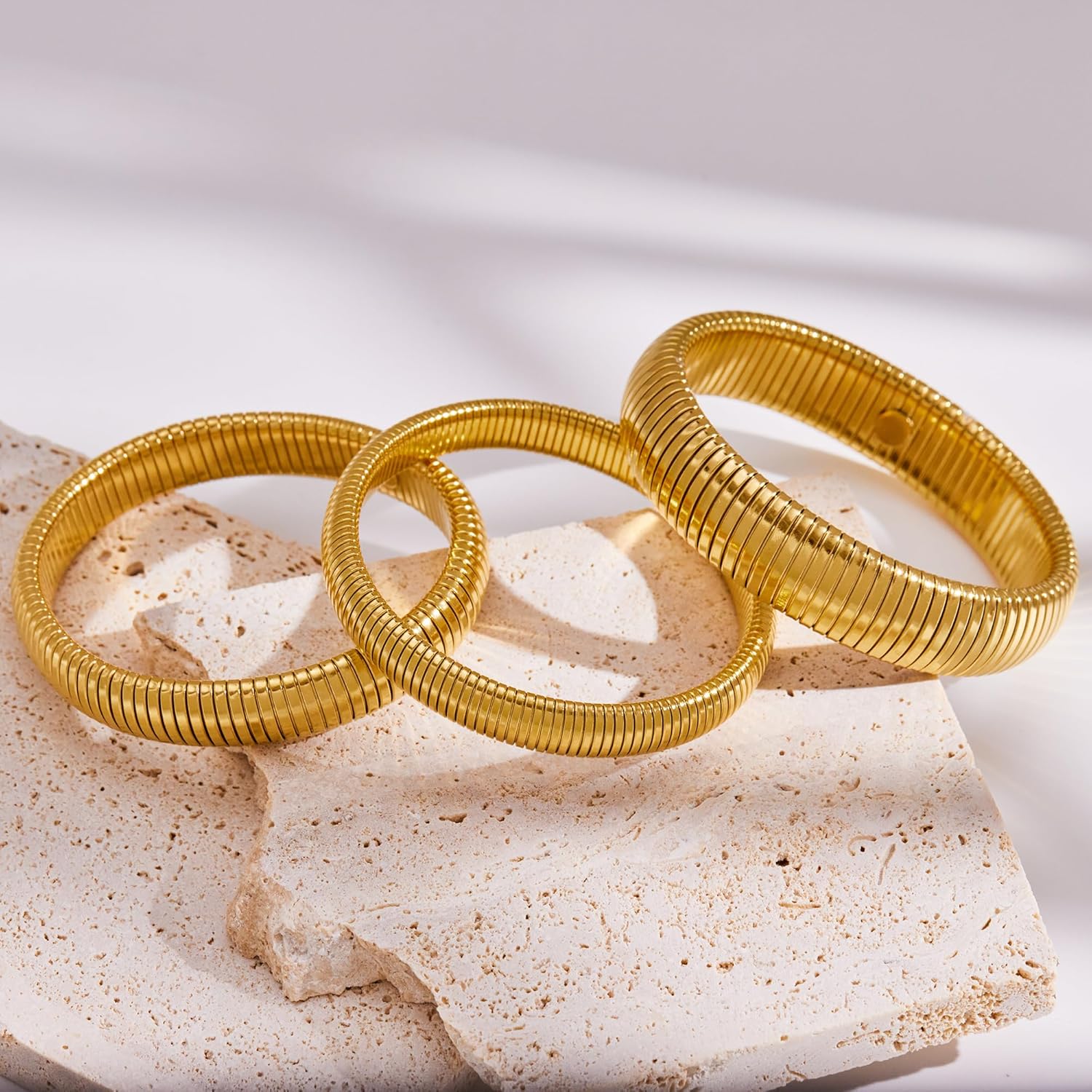 Gold Bangles Bracelets Set for Women, Chunky 14K Gold Plated Stainless Steel Stretch Bracelets, Wide Link Chain Flexible Wristband Bracelets for Women's 3 Jewelry Gifts - Image 7