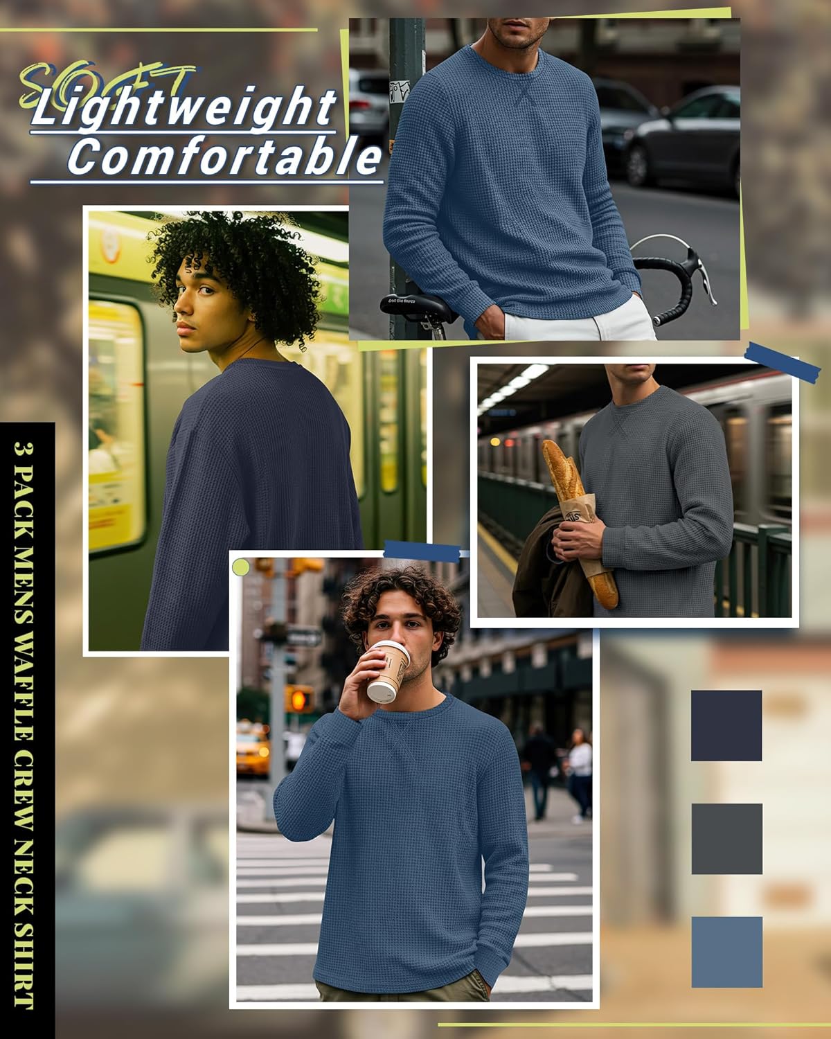 3 Pack Men's Waffle Long Sleeve Shirts, Crew Neck Thermal Textured Underwear Tops Lightweight Pullover Sweaters - Image 3