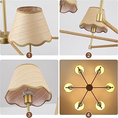ZXFDWB Farmhouse Rattan Chandelier Light Fixture, 6-Light Boho Chandeliers for Dining Room, Adjustable Rustic Pendant Light L