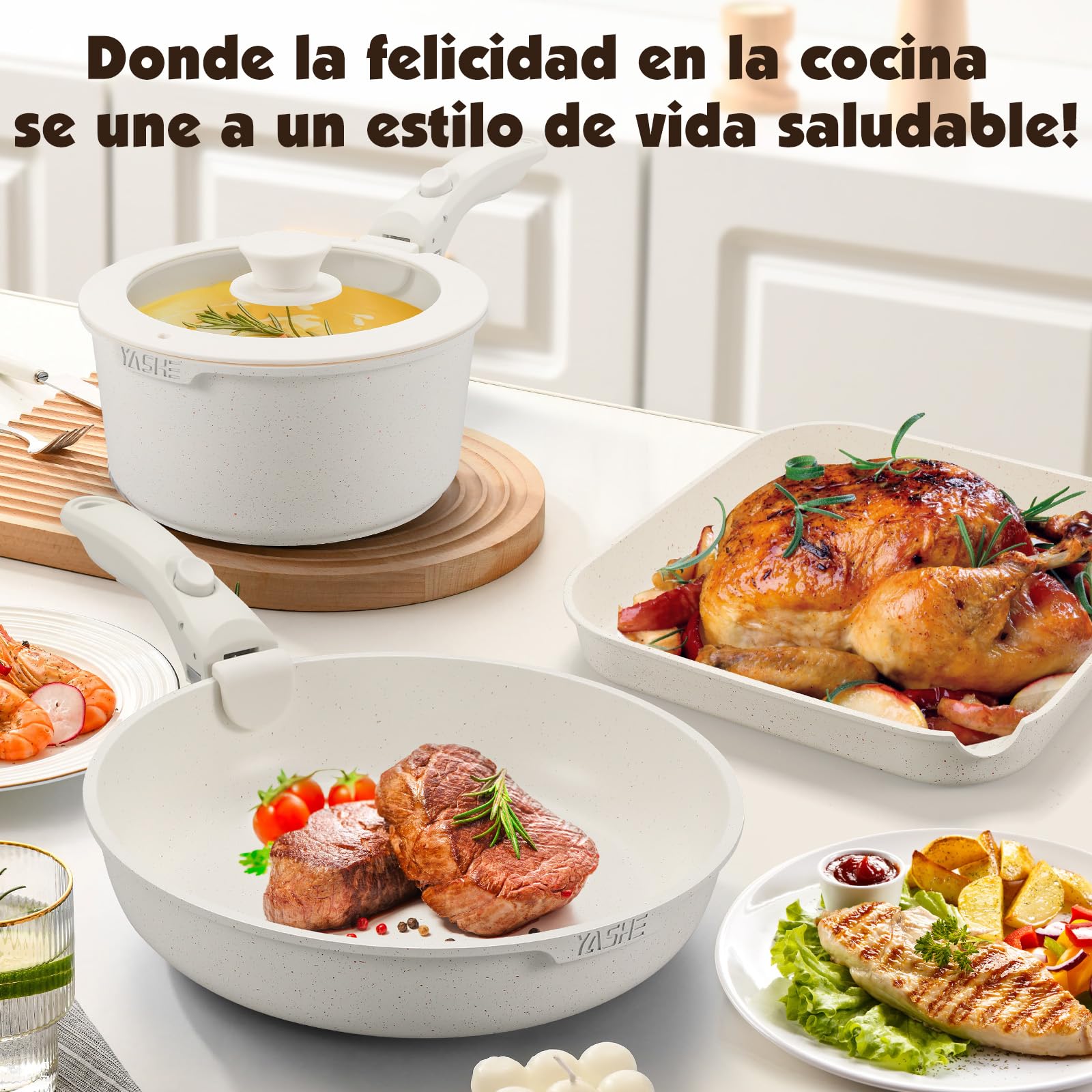 YASHE Batería de Cocina 21 Piezas, Antiadherente, con Mangos Desmontables y Tapas de Vidrio, Compatible con Inducción, Horno y Lavavajillas, Apilable, Blanca | Dos mangos extraíbles y sartén grill cuadrada; cuerpos aptos para horno, apilables y compatible