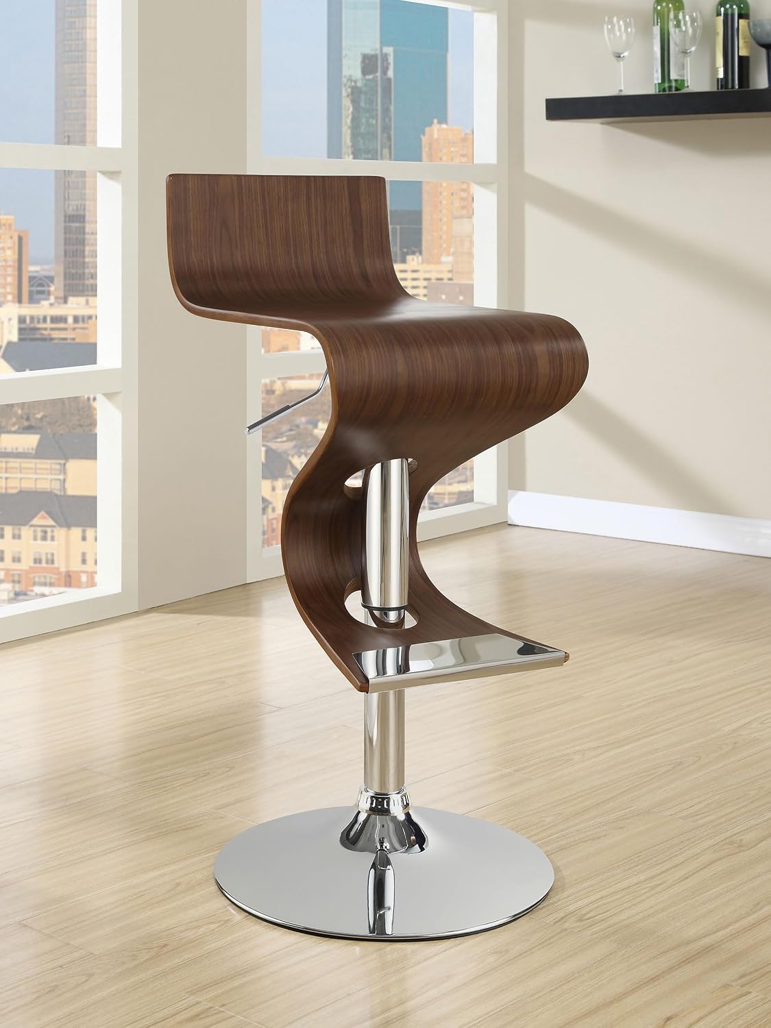 Coaster Home Furnishings - Covina - Metal & Wood - Adjustable Bar Stool with Wood Seat and Chrome Base - Mid-Century Modern - Dining Room & Wine Bar - Walnut - 100396
