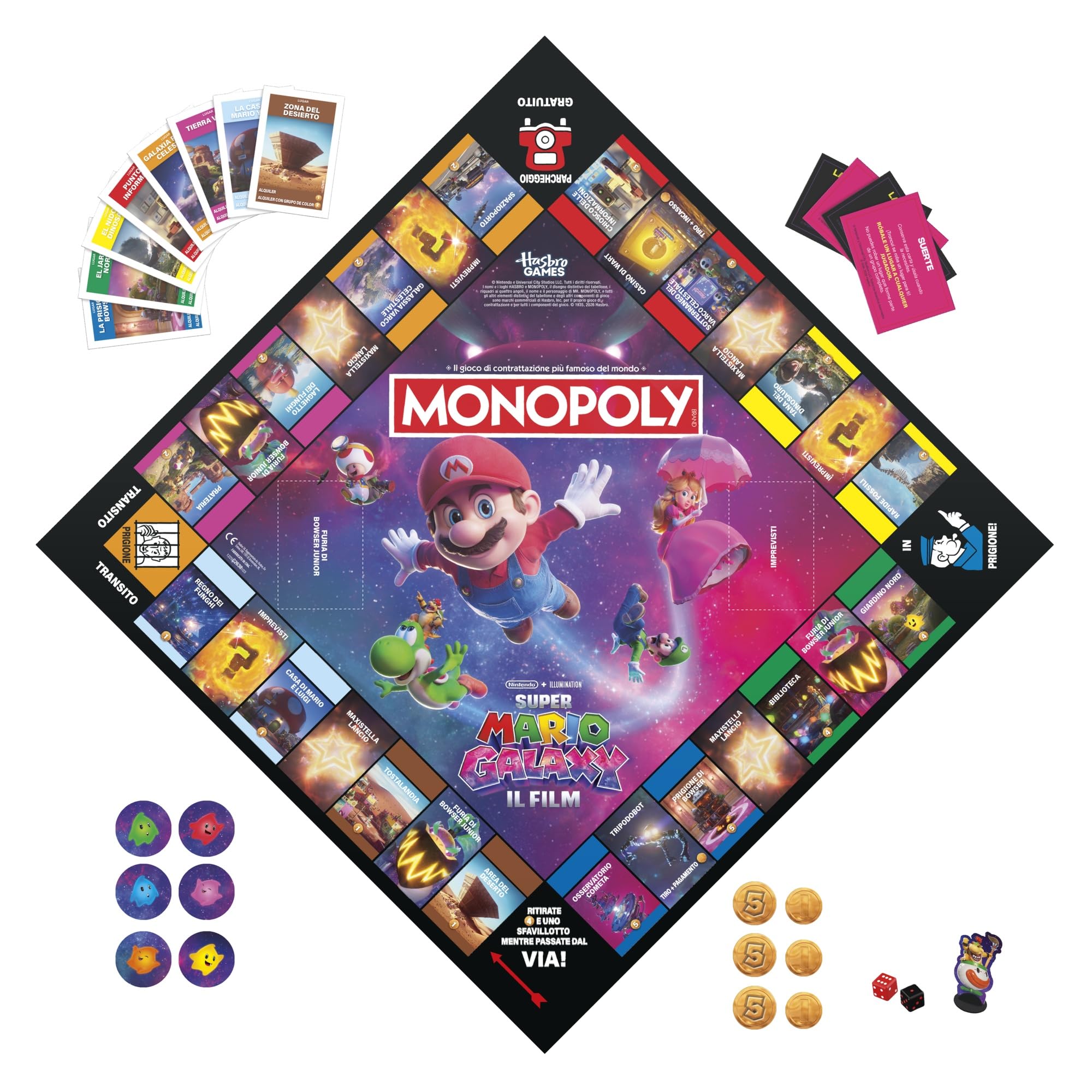 Monopoly: Super Mario Galaxy Der Film, Brettspiel, Spaß für die ganze Familie, geeignet für Kinder, Mädchen, Jugendliche und Erwachsene, von 2 bis 6 Spielern, ab 8 Jahren - italienische Version