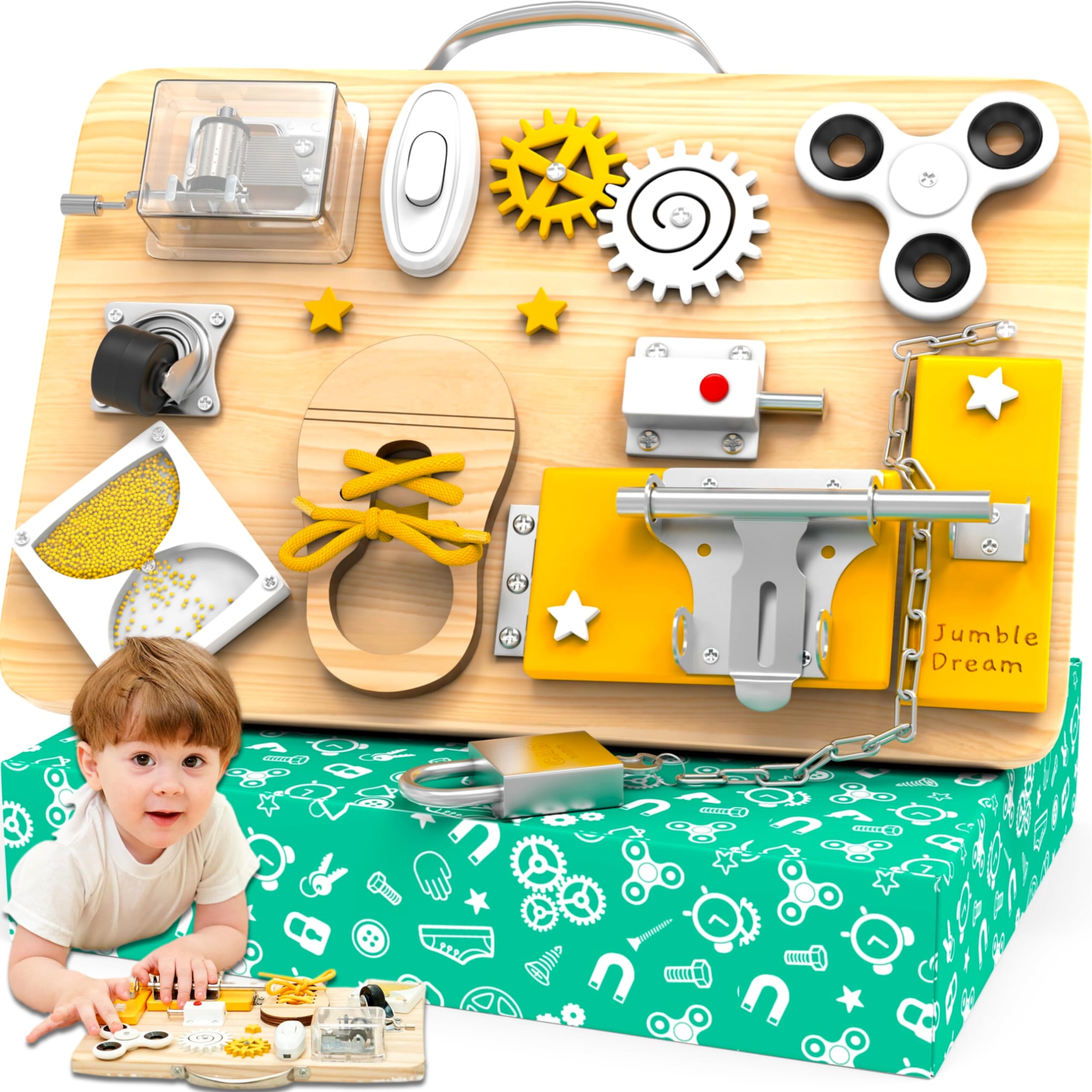 Jumble DreamMontessori Busy Board for Toddlers - Wooden Sensory Activity Toy - Educational & Fidget Play with Locks, Spinners & More - Travel Toy for Autism & ADHD - Baby Busy Board for Ages 1-4