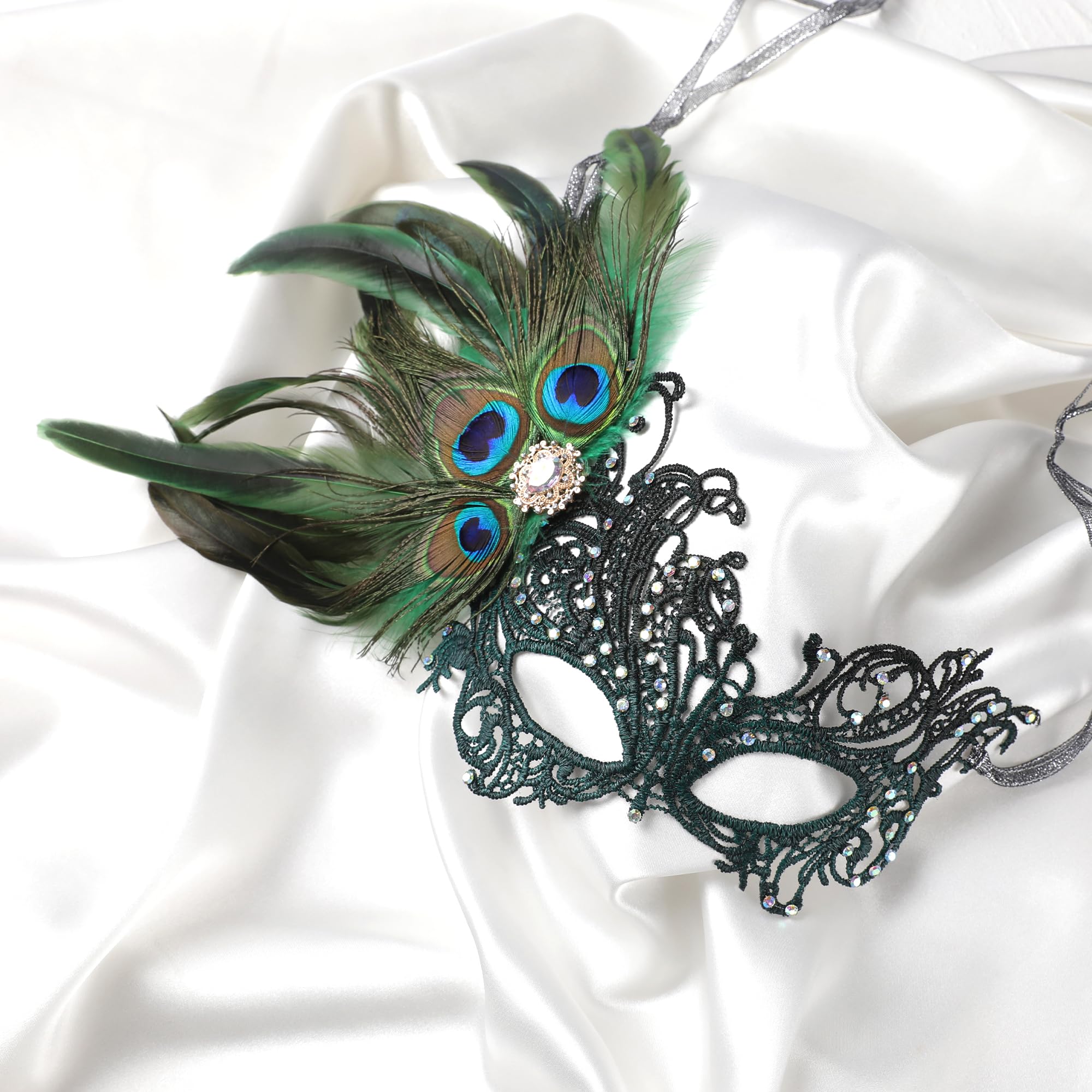 ETOFETE Green Lace Masquerade Mask for Carnival Party Peacock Feathers Venetian Mask for Halloween Womens Mardi Gras - Image 2
