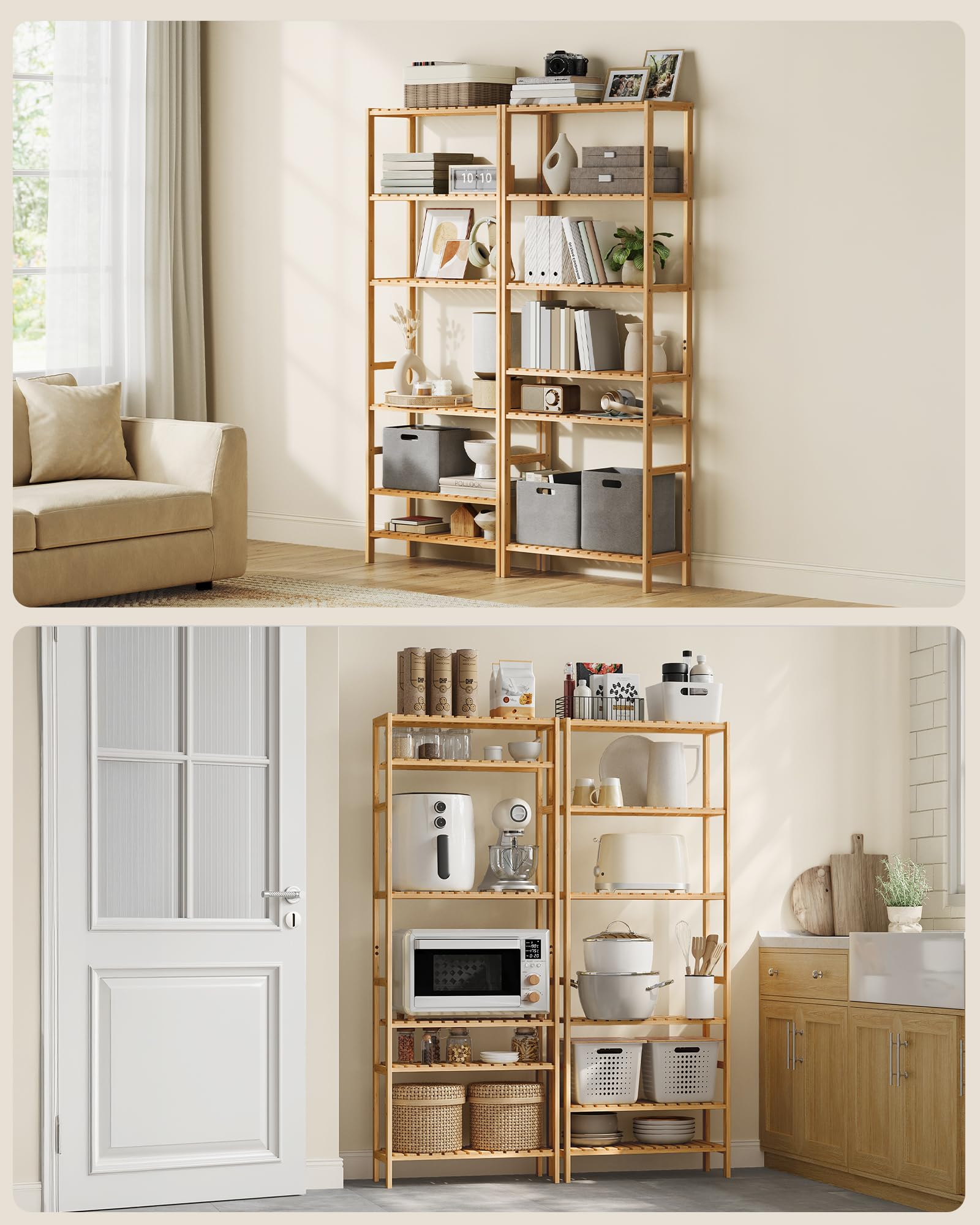 SONGMICS Regał Bambusowy, 6-Poziomowa Półka Łazienkowa, Regulowane Półki, Stojak na Rośliny, Szafka na Buty do Przedpokoju, 60 x 26,2 x 160,9 cm, Lekki Bambus, Kolekcja BAMBOU BCB036Y01