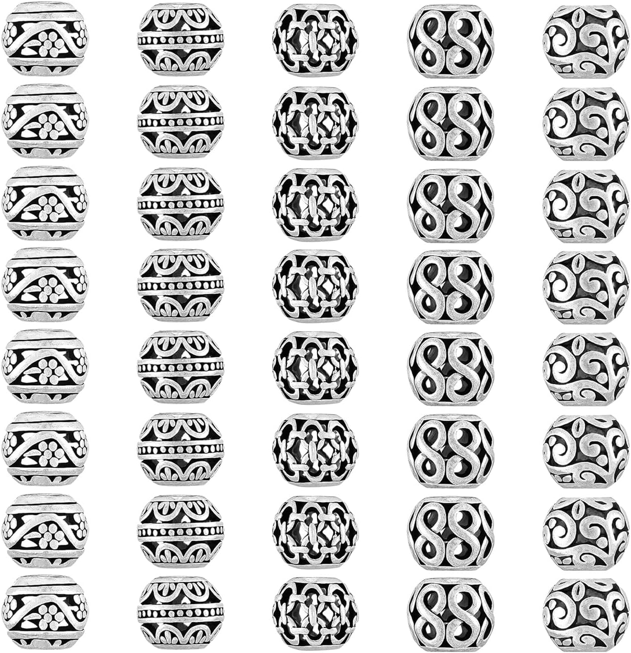 40Pcs Metal Tube Spacer Beads for Jewelry Making Necklace, Silver Large Hole Paracord Beads Bracelets Spacers Charms Loose Beads-5Style