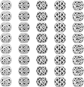 40Pcs Metal Tube Spacer Beads for Jewelry Making Necklace, Silver Large Hole Paracord Beads Bracelets Spacers Charms Loose Beads-5Style