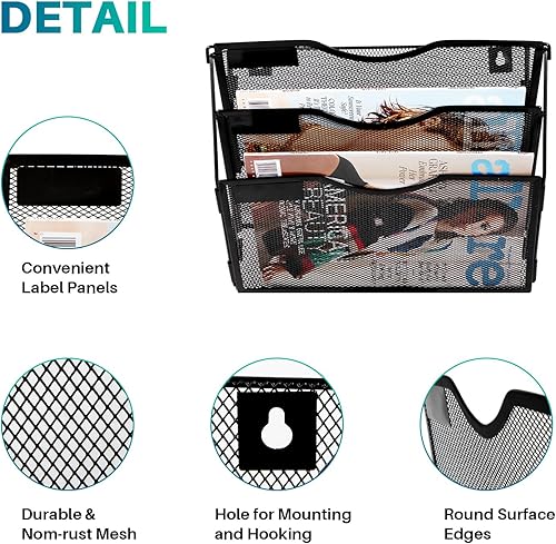 Miniatura 4 de Organizador de archivos de pared, soporte de archivo de pared para colgar de 3 bolsillos, puerta de malla plegablerevistas de papel montado en la