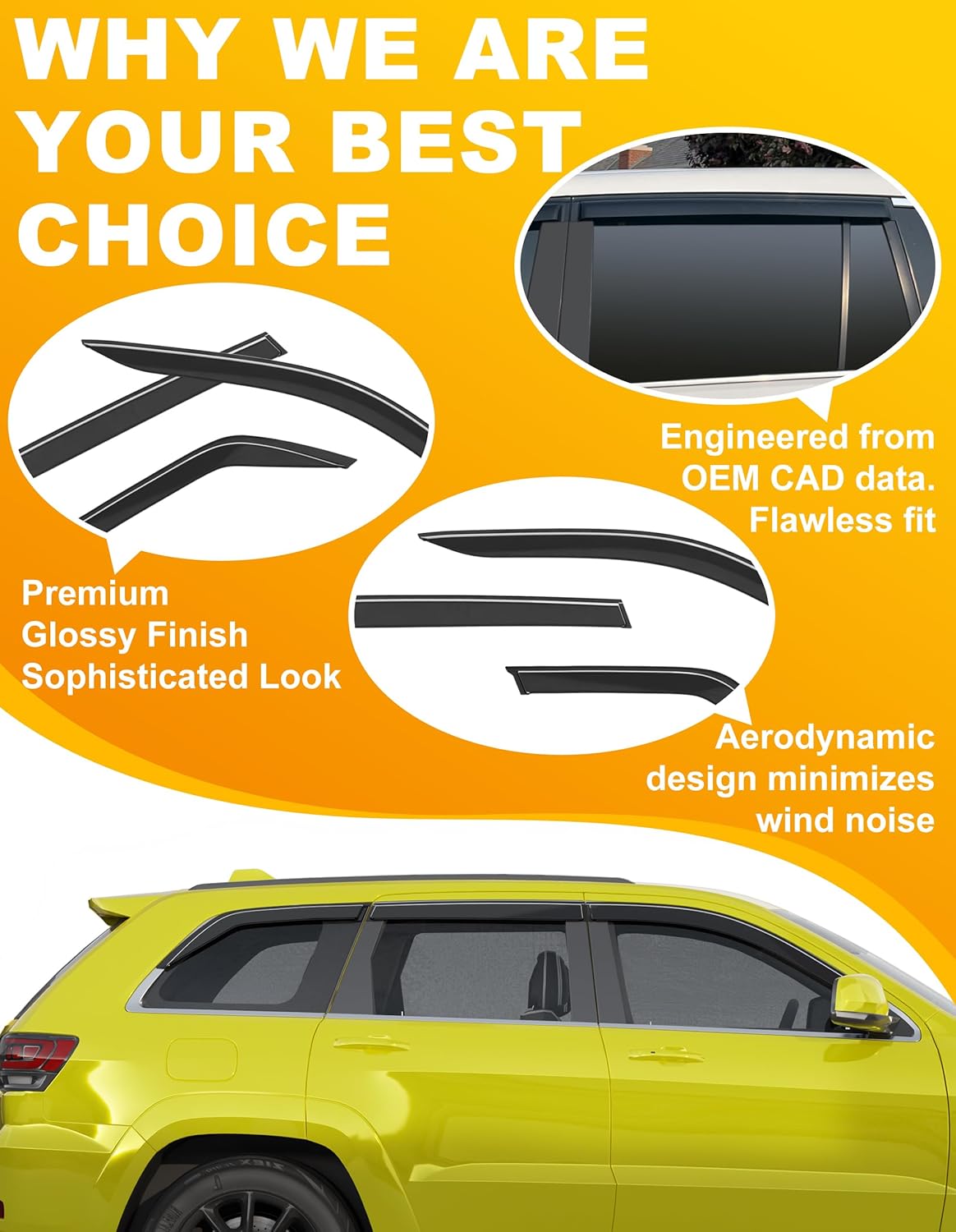 6-pcs Low-Profile Window Rain Guard for 2011-2021 Jeep Grand Cherokee Rain Guards Side Window Visors Extra-Thick Vent Visor Window Deflectors Tape-on Vent Shades Car Accessories