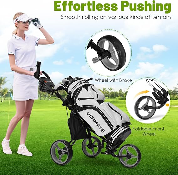 Goplus 3 Wheel Golf Push Cart, Lightweight Foldable Caddy Cart w/Adjustable Seat, Handle, Umbrella Holder, Foot Brake, Golf Trolley for Golf Bags, Collapsible Golf Pull Cart for Men Women