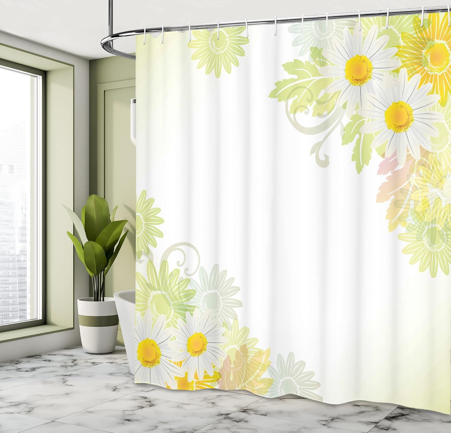 Ambesonne Flower Shower Curtain, Floral Daisies Abstract Oriental Details and Leaves with Sun Like Art Print, Cloth Fabric Bathroom Decor Set with Hooks, 69" W x 84" L, White and Yellow