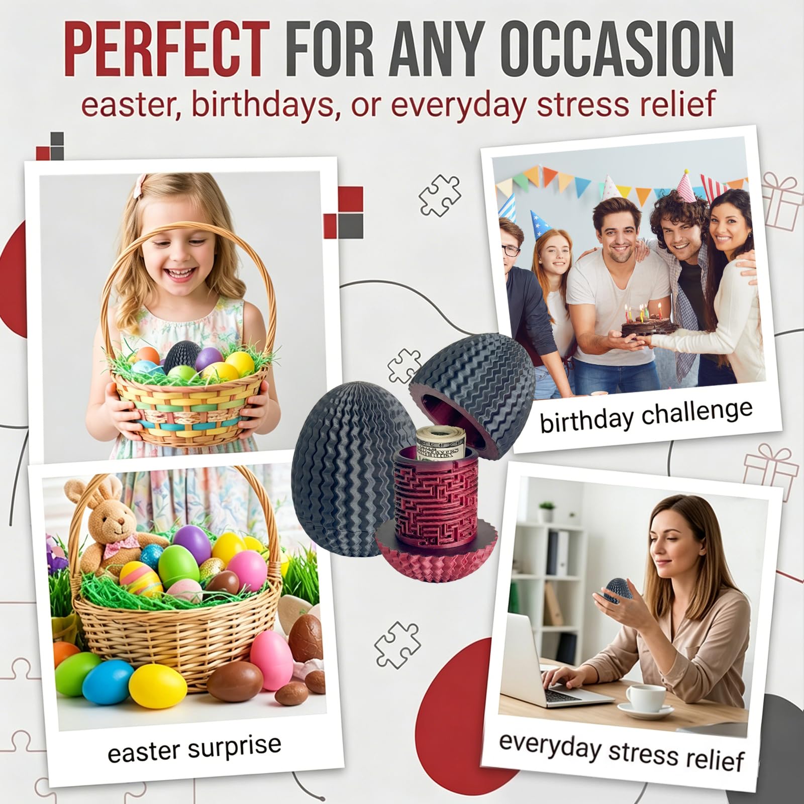 Caja de rompecabezas ovalada con laberinto, caja de almacenamiento con forma de huevo de Pascua, caja misteriosa 3D para dinero y regalos (negro-rojo)