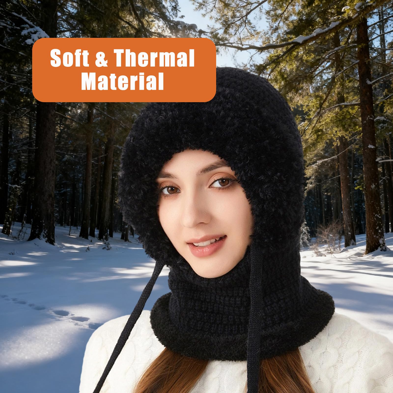 3 in 1 Beanie Hat with Scarf and Mask for Women, Warm Knitted Winter Balaclava Hood for Skiing, Hiking