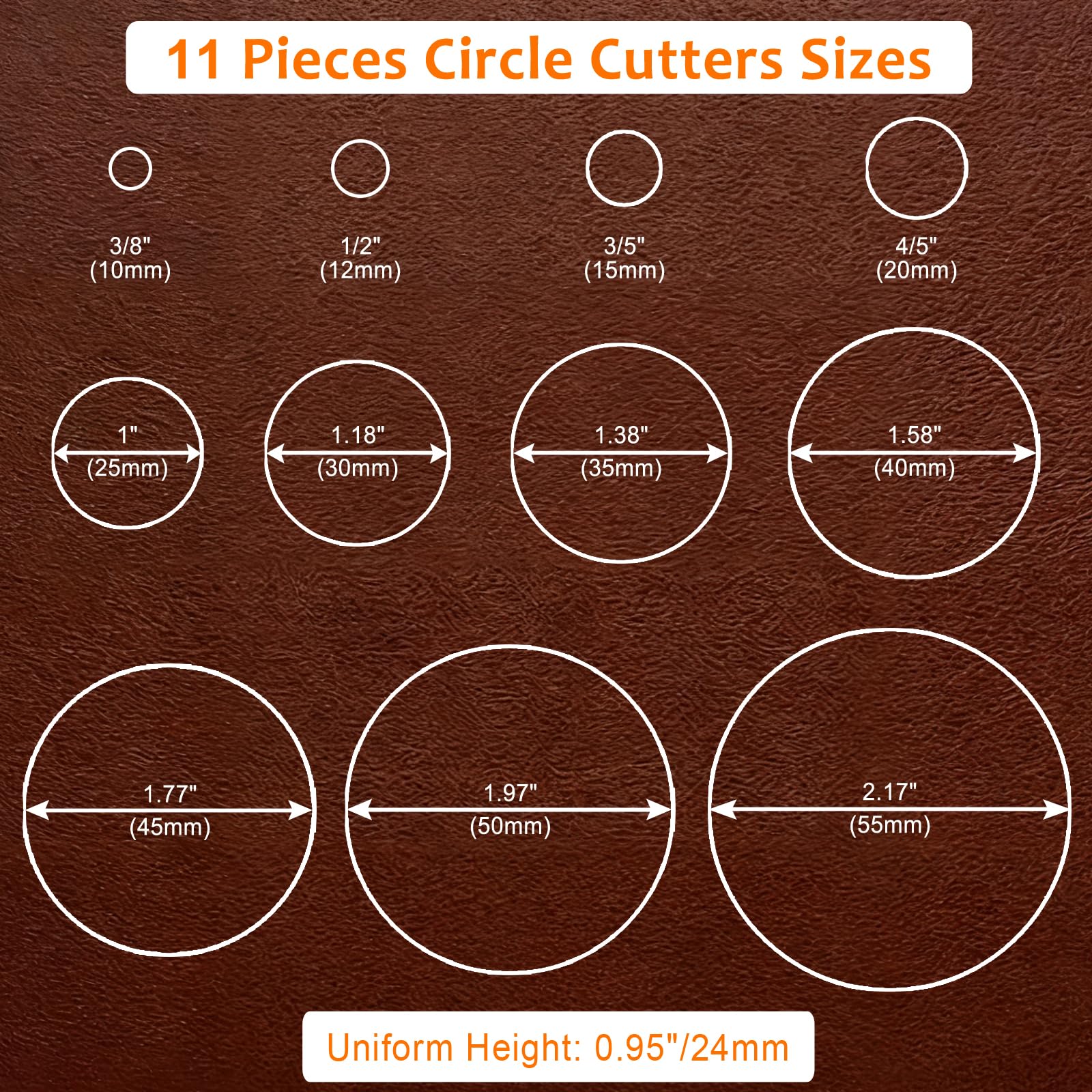 11 x okrągłe narzędzia do cięcia skóry, 10, 12, 15, 20, 25, 30, 35, 40, 45, 50, 55 mm, okrągłe, ze stali wysokowęglowej, zestaw narzędzi do wykrawania skóry