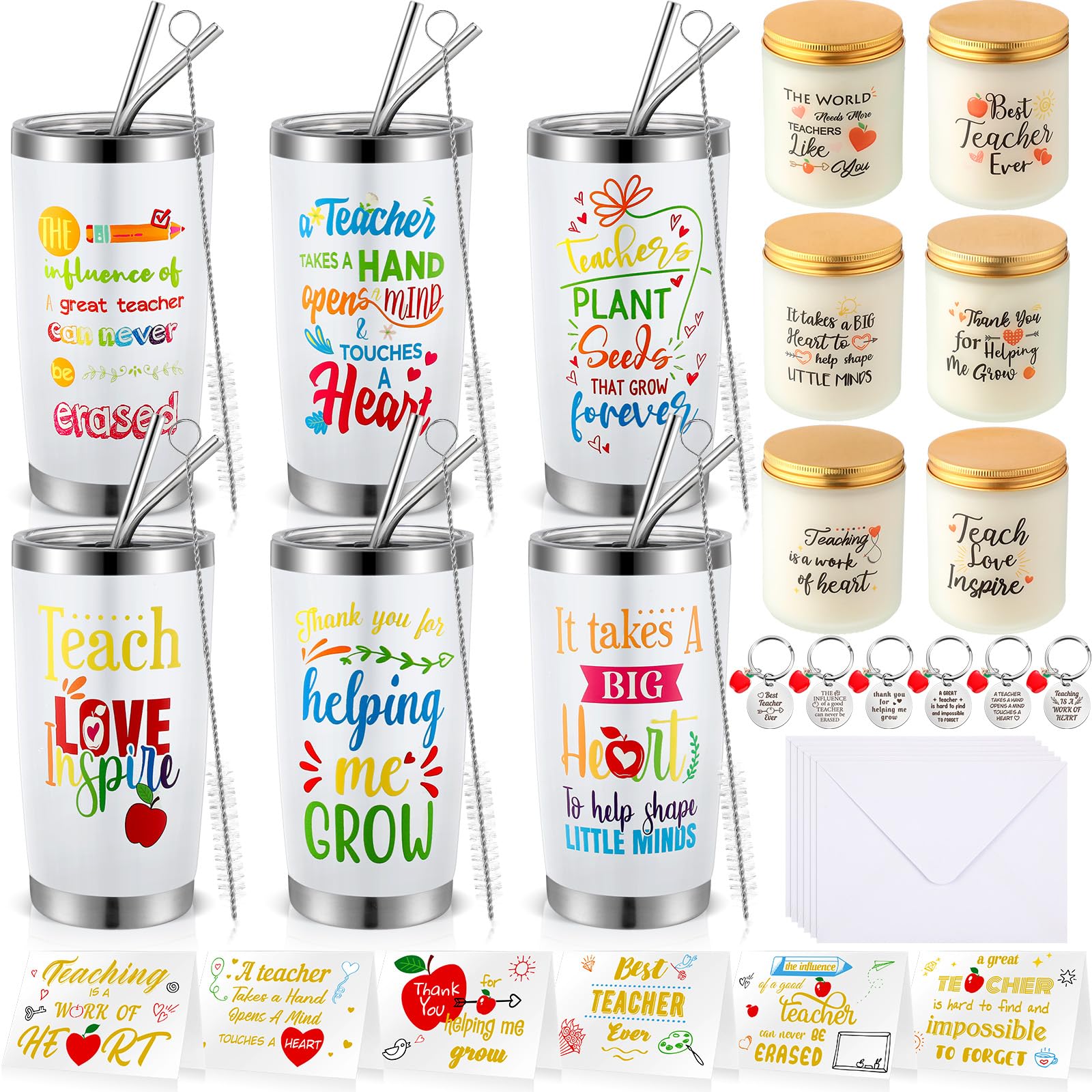 Uiifan 30 Pcs Teacher Appreciation Gifts Bulk 6 20oz Tumbler Coffee Mug 6 Scented Jar Candles 6 Key Chain 6 Greeting Card with Envelope for Women Men Teachers Thank You Gift, Daycare Teacher Gifts