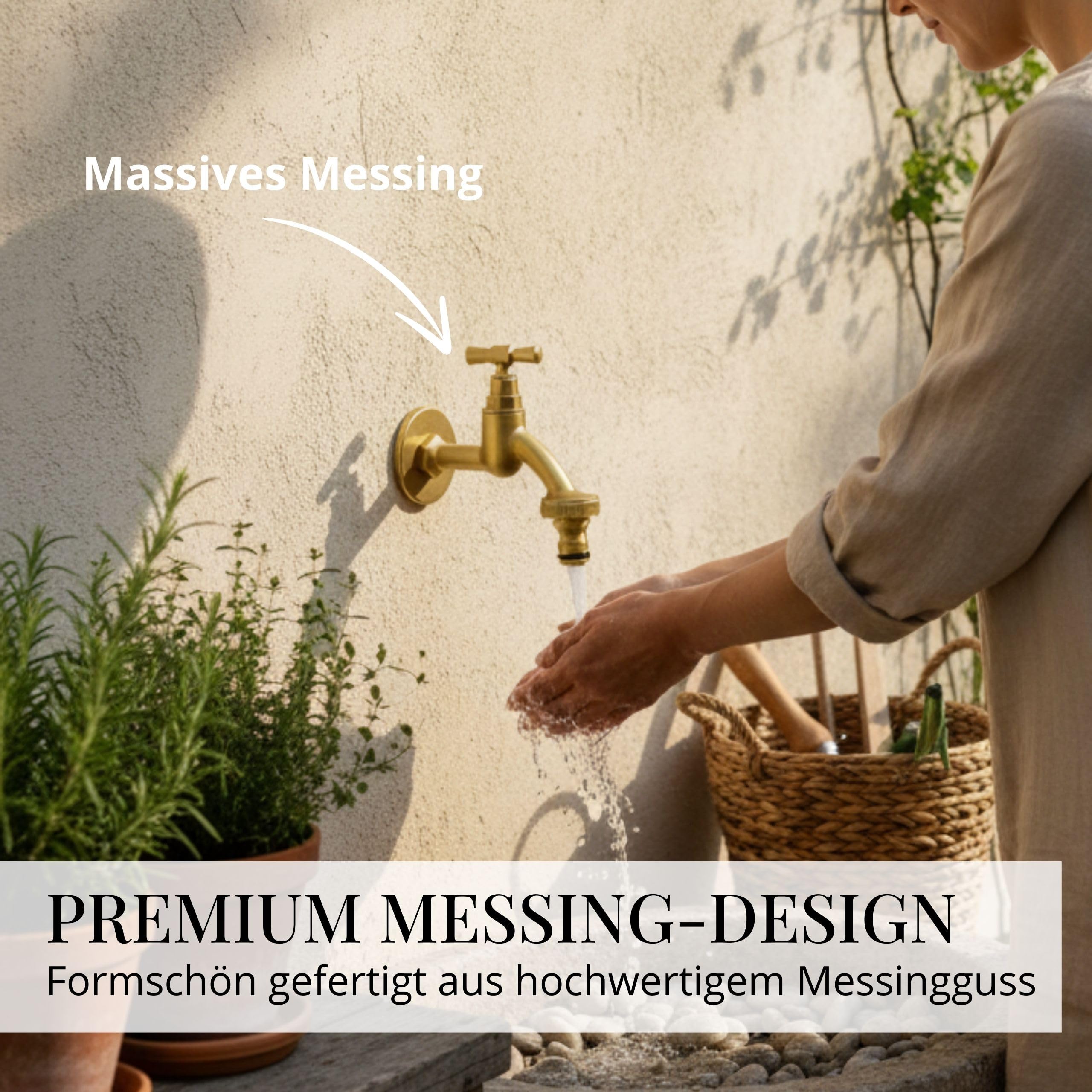 LIVLIG Premium Wasserhahn Garten, Außenwasserhahn frostsicher mit Rosettengarnitur & Schlauchanschluss, Kaltwasserhahn aus Messing, Design Wasserhahn Gold mit matter Pulverbeschichtung