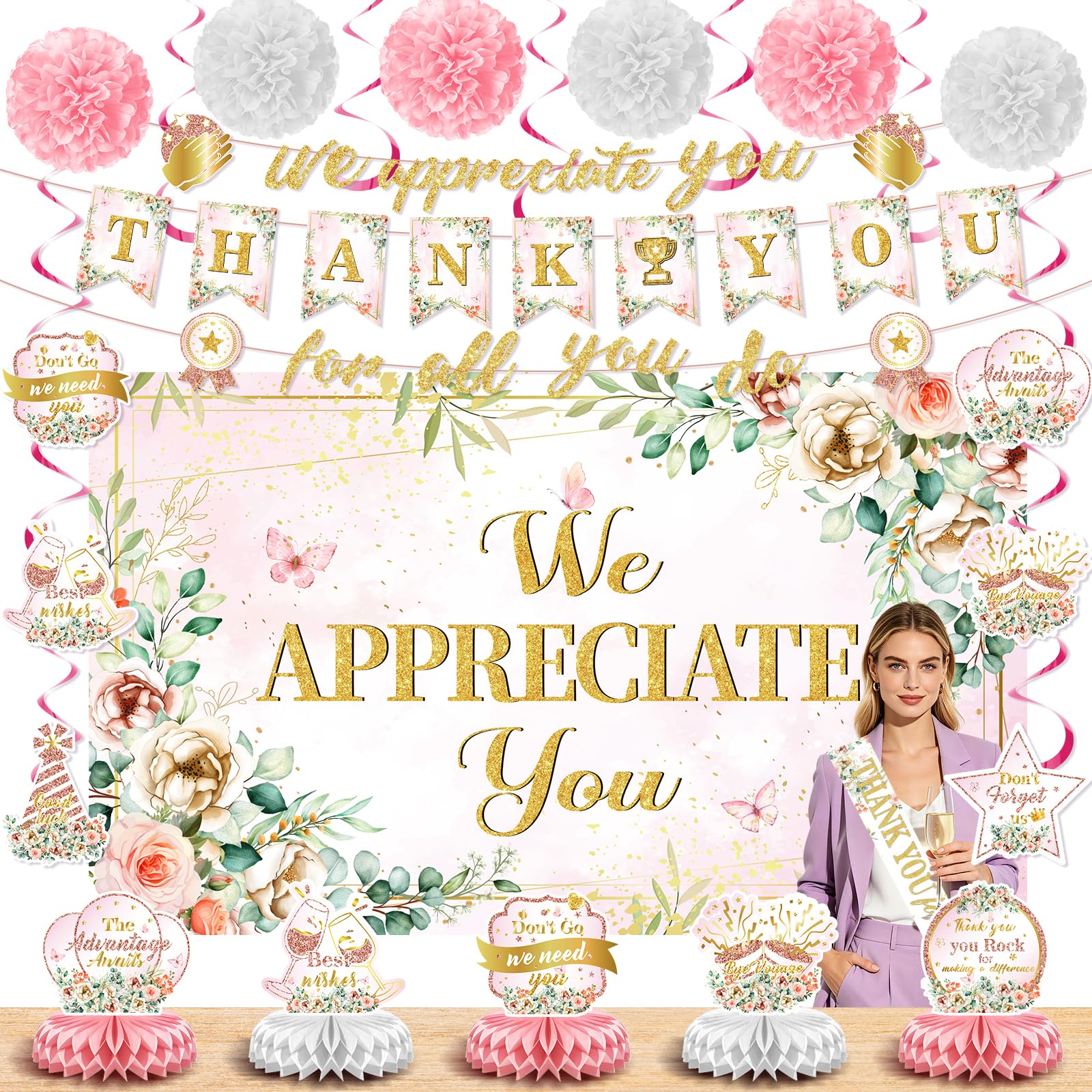 Pink Floral We Appreciate You Party Decorations for Employee Teacher Decor
