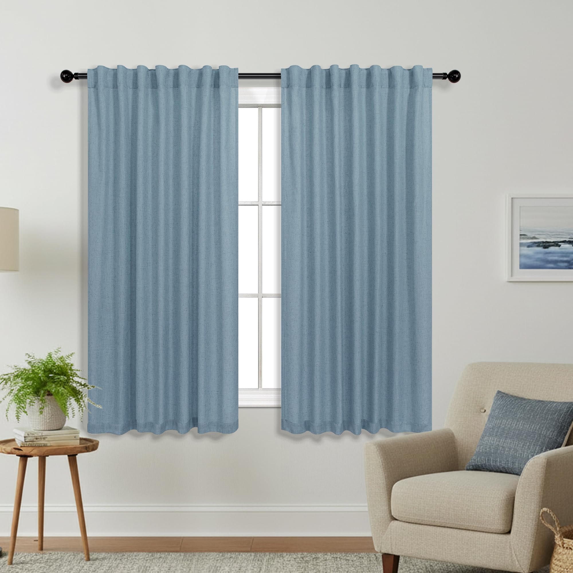 KOUFALL Stone Blue Back Tab Rod Pocket Linen Sheer Curtains 52x54 Inches Long for Living Room — image 1