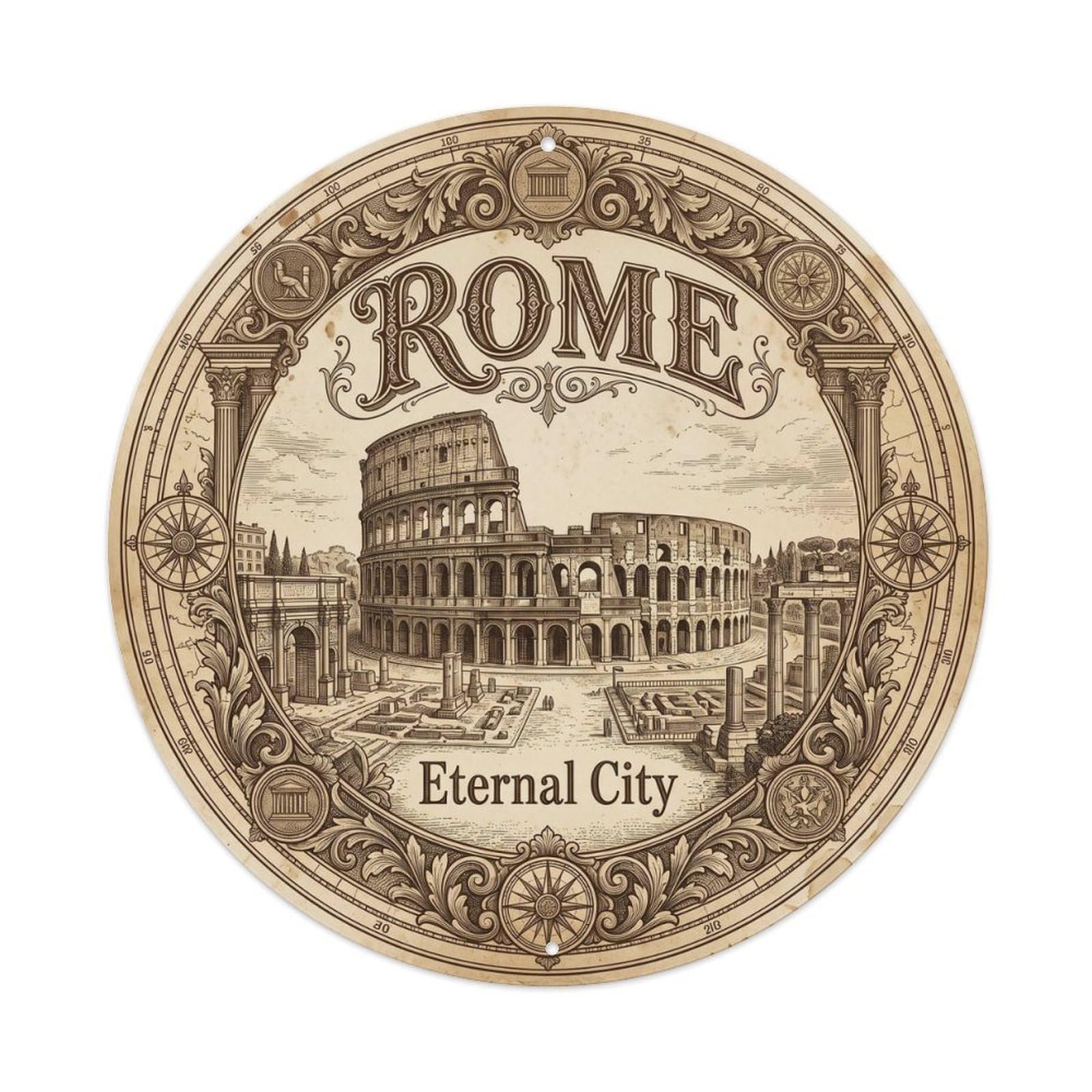 Yrnq Vintage Style Vintage Travel Rome Italy Heritage Vintage Metal Tin Sign Plaque Wall Decor For Cafe, Club, Garden Round Metal Poster 8X8inch