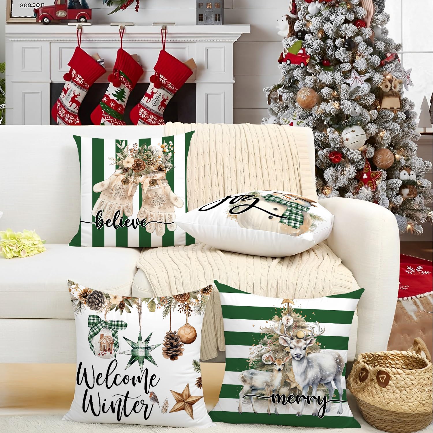 Miaikoe Christmas Cushion Covers 50x50 cm Set of 4 Snowman Gloves Welcome Winter Green White Strip Christmas Throw Pillow Covers Winter Farmhouse Decoration for Home - Image 2