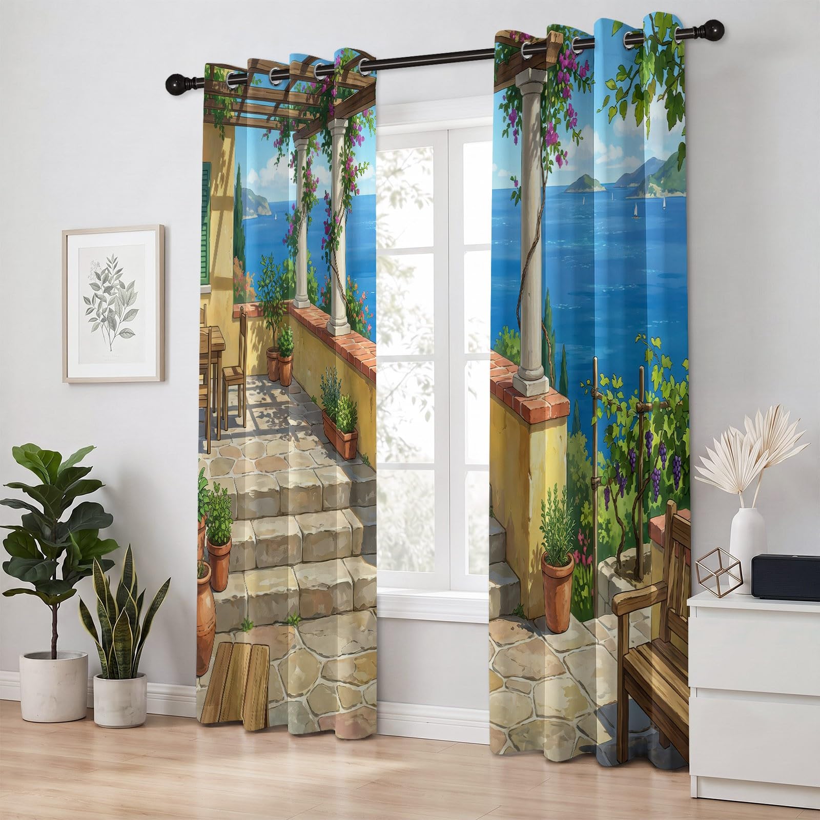Générique Śródziemnomorskie zasłony na taras, 100% termiczne, zaciemniające przelotki, ochrona przed gorącem, 2 panele, 140 x 180 cm, nieprzezroczysta zasłona oceanowa, ochrona przed zimnem i ciepłem