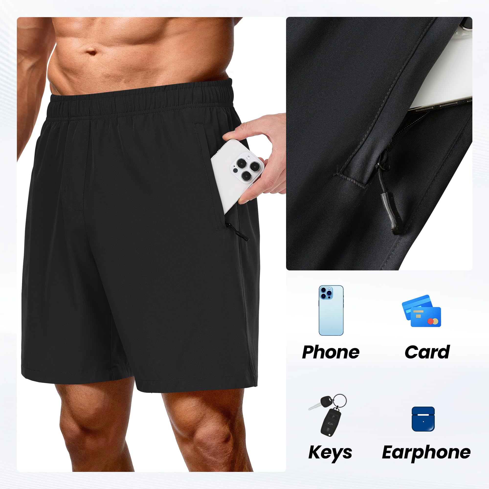 Pantaloncini sportivi da uomo, ad asciugatura rapida, leggeri, traspiranti, con tasche con cerniera, per fitness e jogging