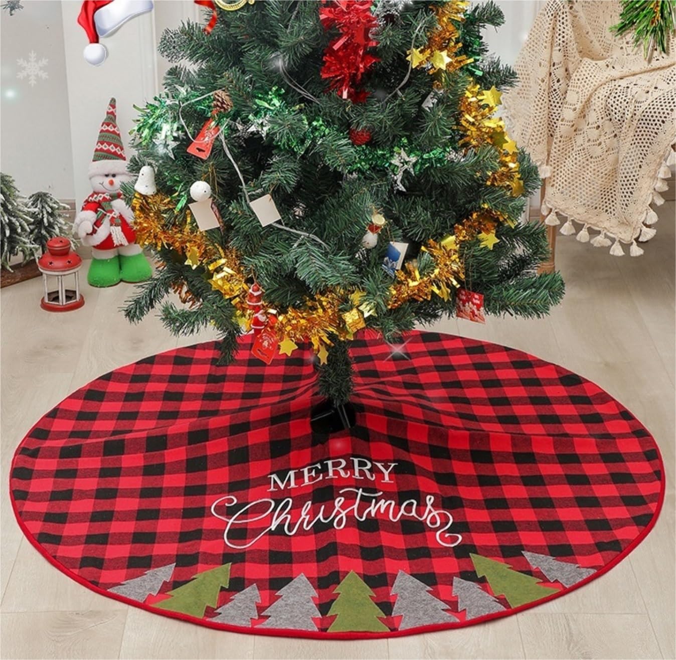 Tappeto Albero di Natale, Gonna per Albero di Natale da 48 Pollici, Ornamenti con Tappetino Scozzese A Doppio Strato per Decorazioni per Feste in Casa Festa Forniture