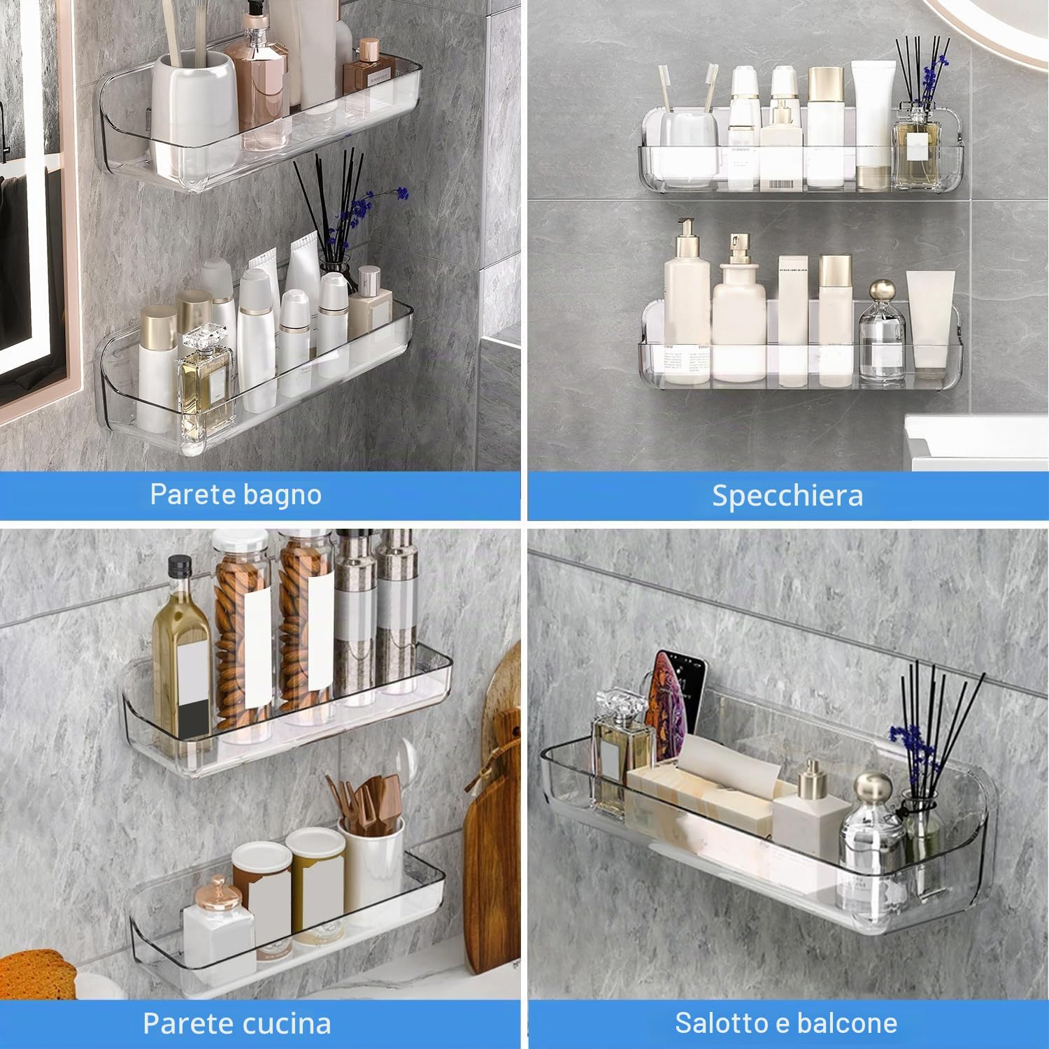 Diesisa 2 Pezzi Mensola Doccia Senza Foratura, Mensole Bagno a Parete, Porta Oggetti Doccia Adesive, Organizer Doccia Asciugatura Rapida, Porta Bagnoschiuma da Doccia per Bagno (Lungo-Trasparente)