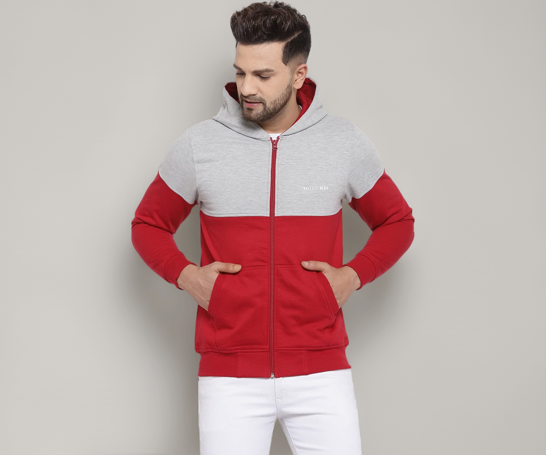Buy Kalt Men Full Sleeves Dual Colour Zipper Fleece Hoodie(Red