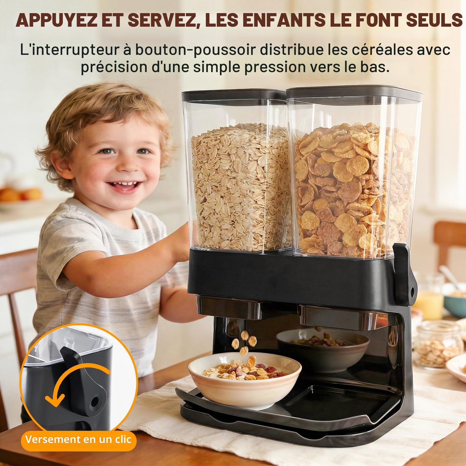 Sinceroduct Lot de 2 distributeurs de muesli - Double bac de rangement hermétique de 3 L - Grande capacité - Distributeur de flocons de maïs pour muesli, noix, grains de café, aliments pour animaux