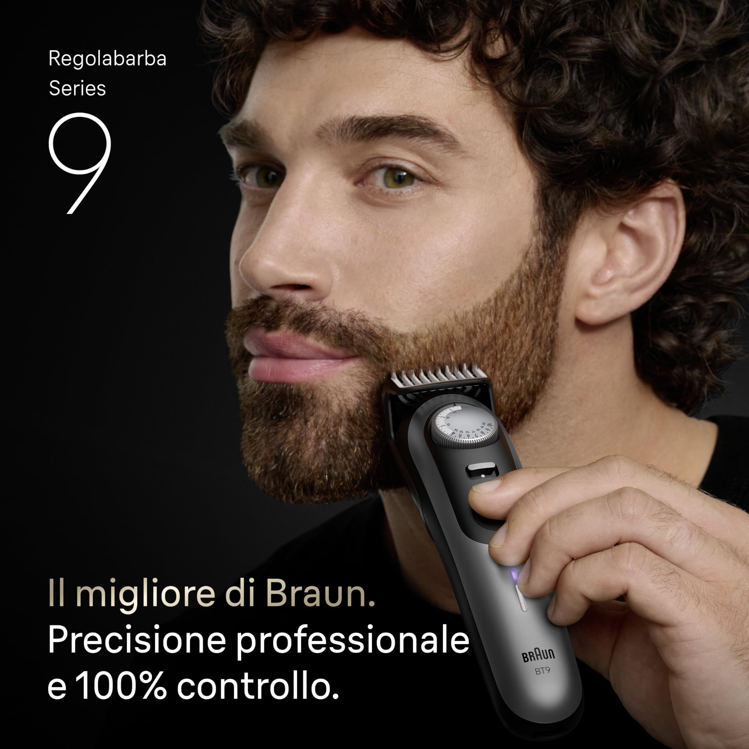 Braun Trimmer Barba Series 9, + 7 Strumenti Barbiere, Modalità PowerBoost, Lama ProBlade, 180 Min Autonomia, Gradiato, 50 Lunghezze, Rotella Di Precisione E Blocco, Impermeabile, BT9520, Cromo