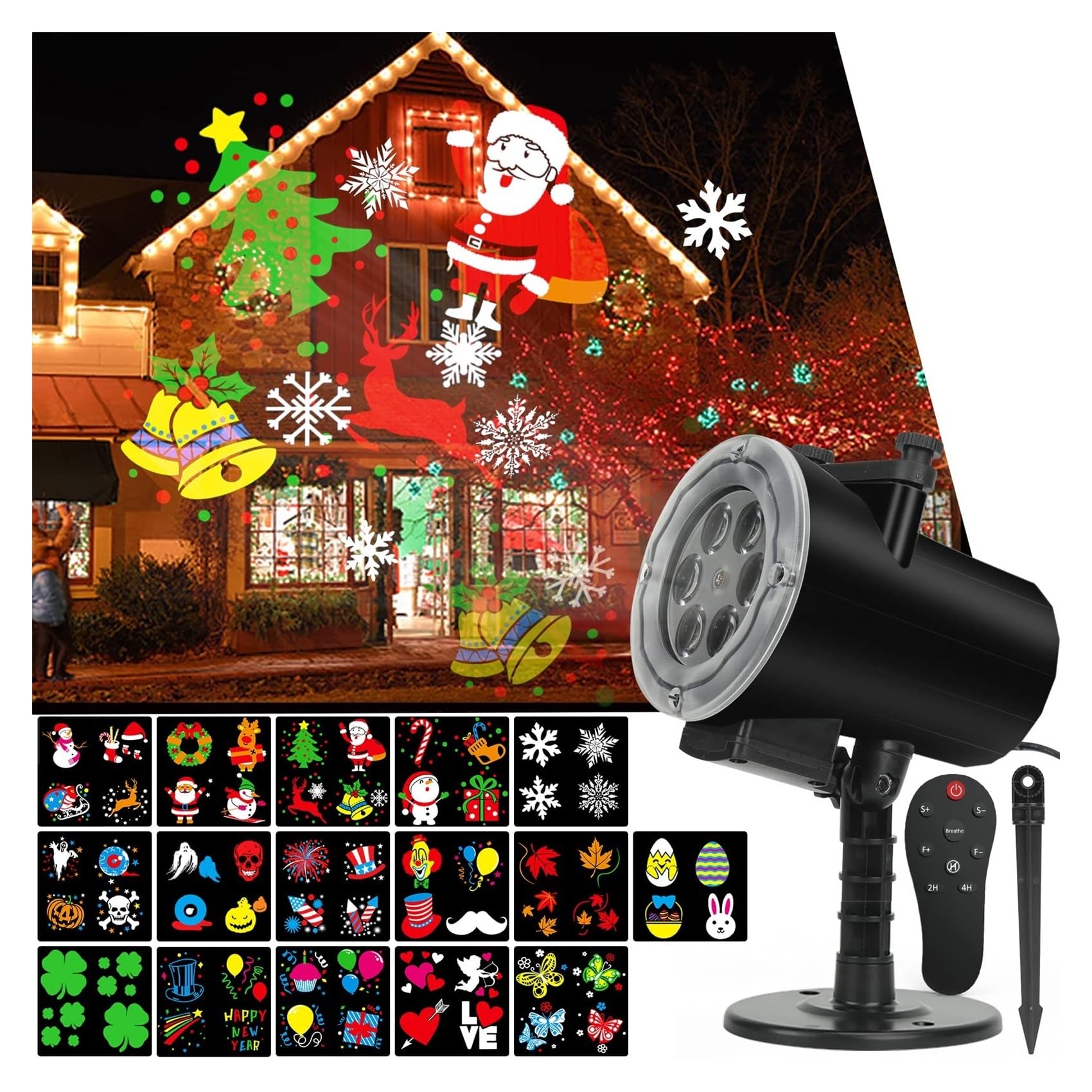 Proyector de luz, Luces navideñas, proyector Impermeable IP65, proyector LED para Interiores y Exteriores, 16 Diapositivas, luz navideña, decoración para jardín, casa, Fiesta, para casa, fie