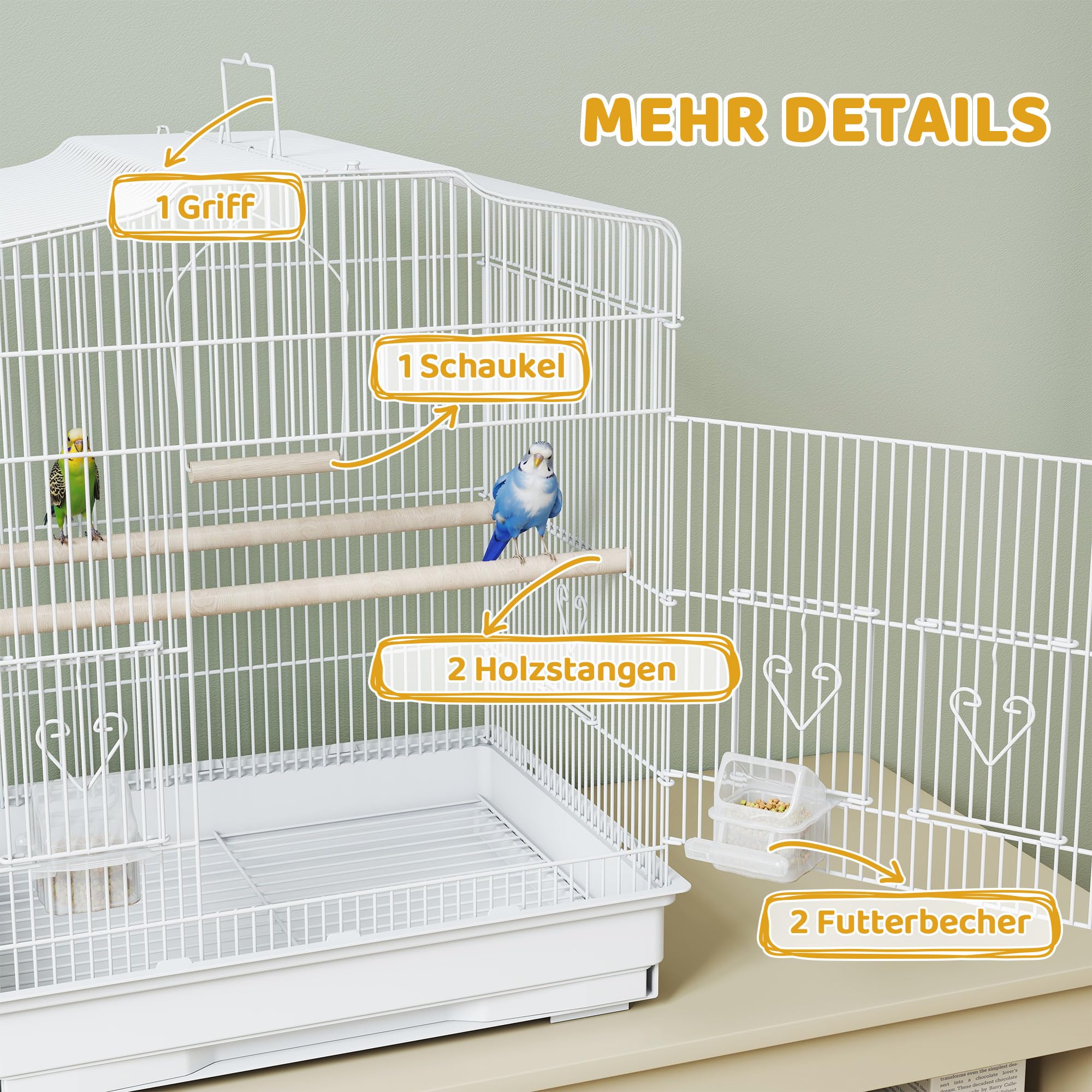 PawHut Vogelkäfig Vogelhaus Vogelvoliere Wellensittich Vogelbauer mit ausnehmbarer Bodenschale Weiß 46,5 x 36 x 59 cm