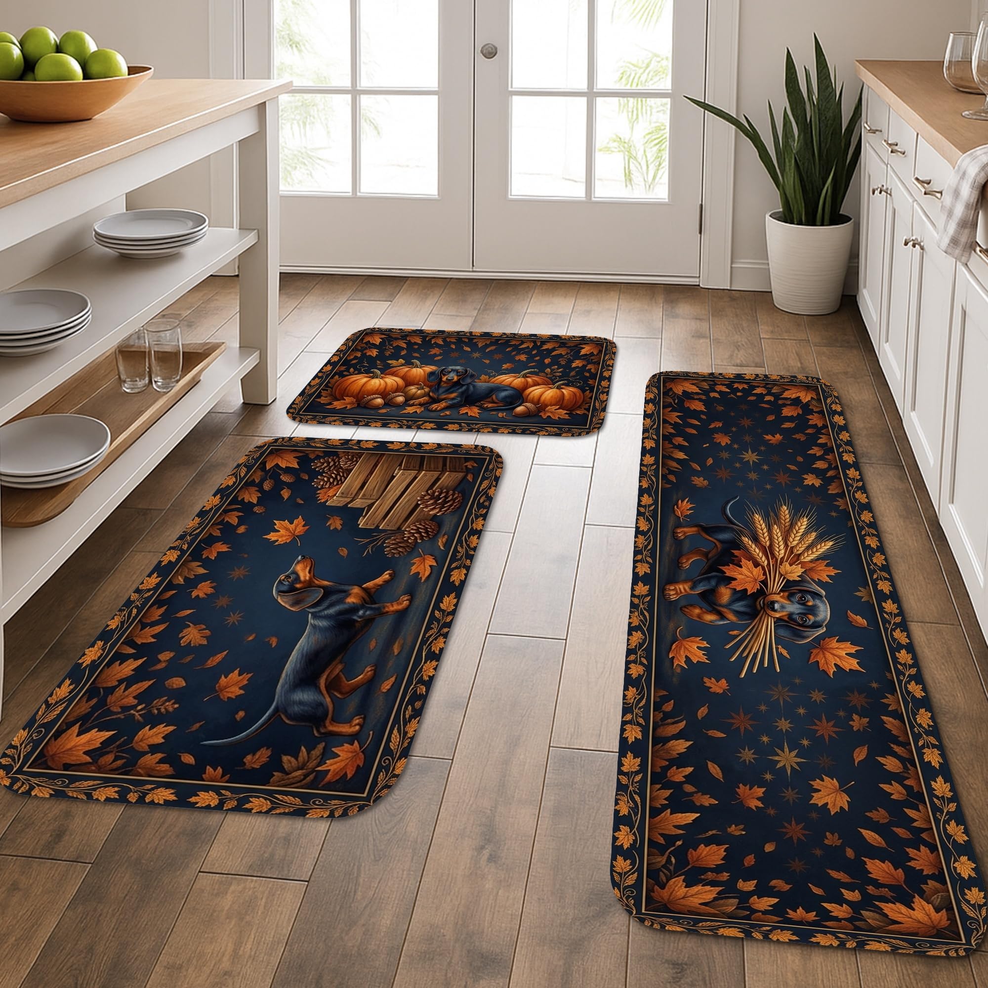 Tapis de cuisine lot de 3 motif chat et citrouilles d'automne lavables