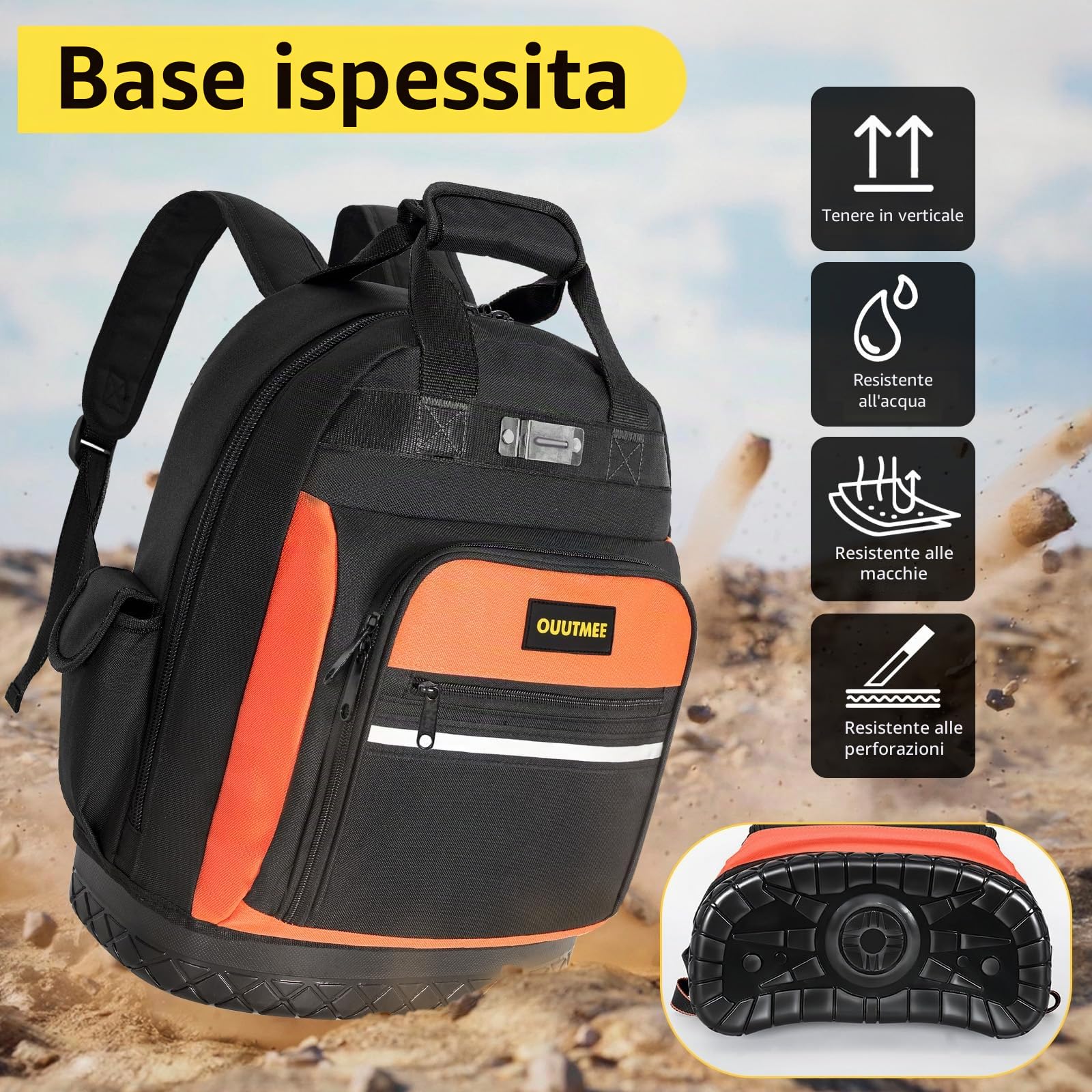 OUUTMEE Zaino per attrezzi con base in gomma ABS, borsa per attrezzi robusta con tasche multiple, borse portautensili con tracolla e cinghia in vita per elettricisti e costruzione (arancione)