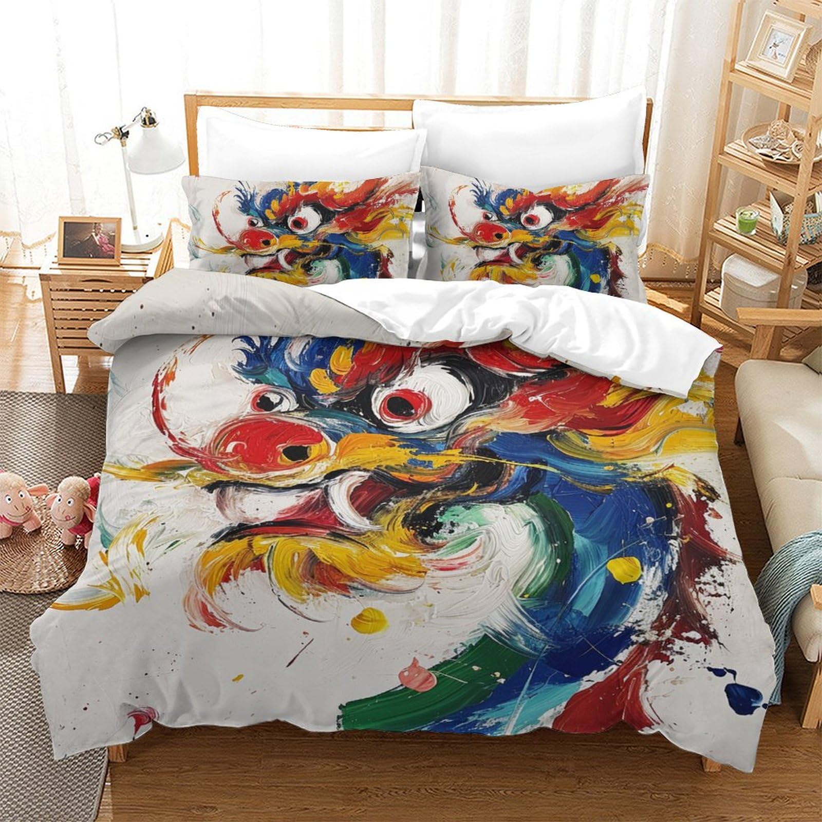 Housse couette dragon imprimé 3D avec fermeture éclair pour lit 2 personnes
