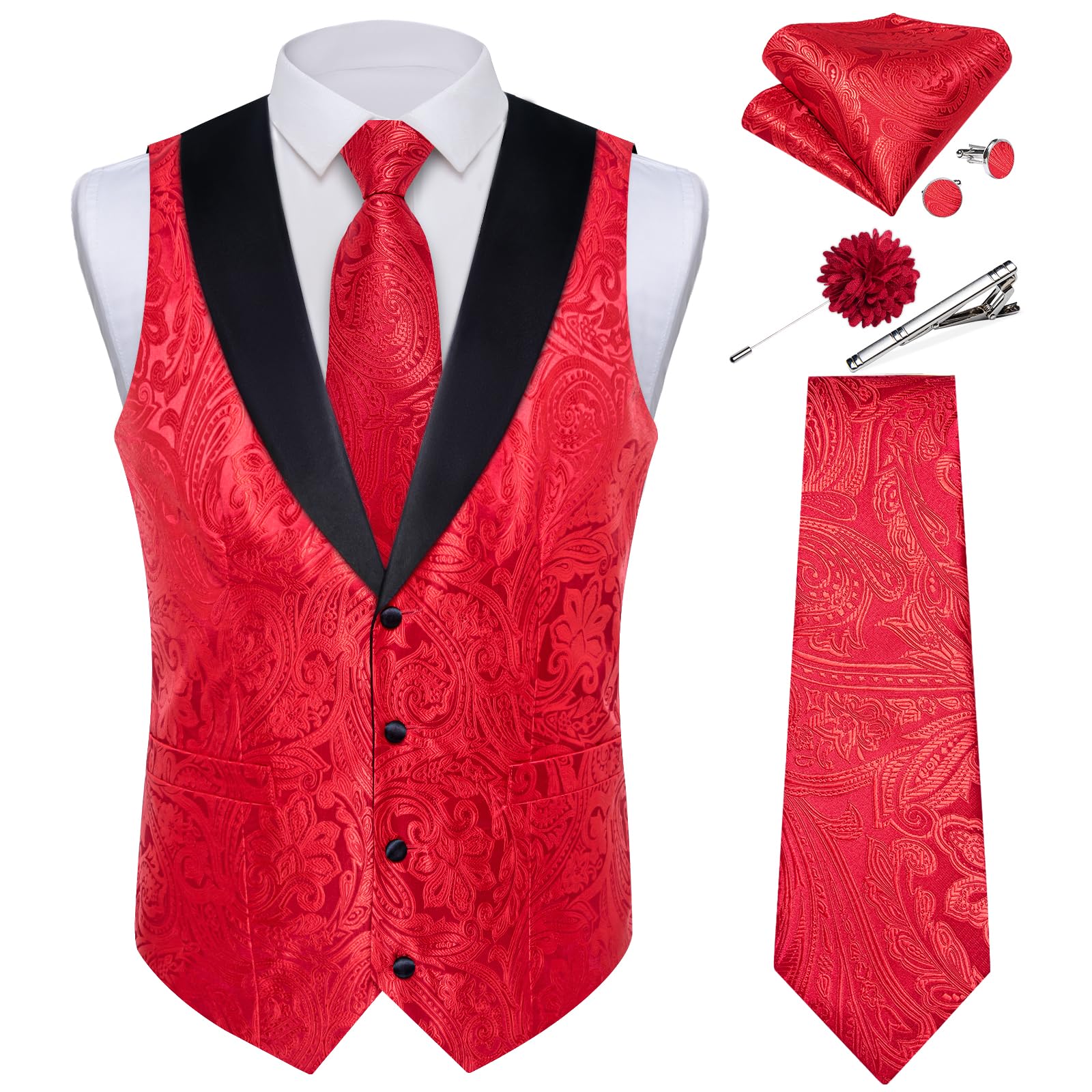 DiBanGu Mens Paisley Suit Vest Silk Jacquard Waistcoat and Necktie Set Formal Shawl Collar Dress Vest 7PCS for Wedding Party