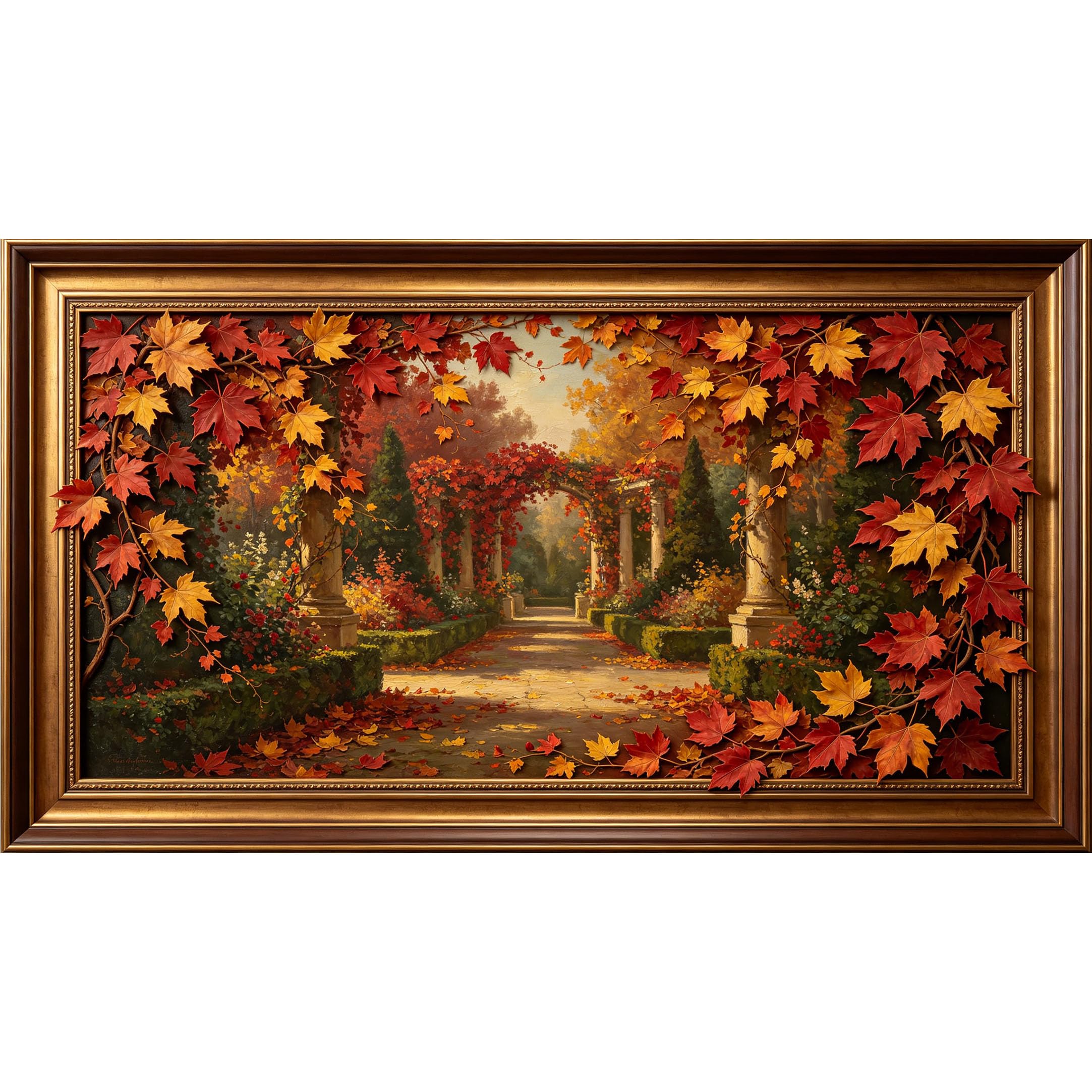 QZLITHOTIC 50x90cm3D Framed Wall Art， Autumn Garden Landscape with Maple Leaves and Classical Archway SelfAdhesive Mural， WaterActivated Peel & Stick Fabric Decor Wall Decal for Bedroom Living Room