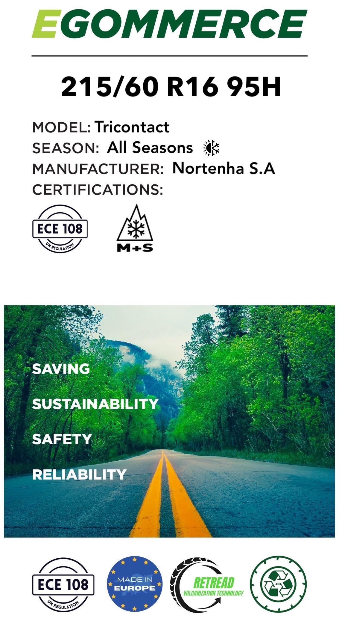 Nortenha - Neumático Coche TRICONTACT 215/60 R16 95H Todas las Temporadas Certificado M+S - Neumatico Ecofriendly con Garantía de 2 Años