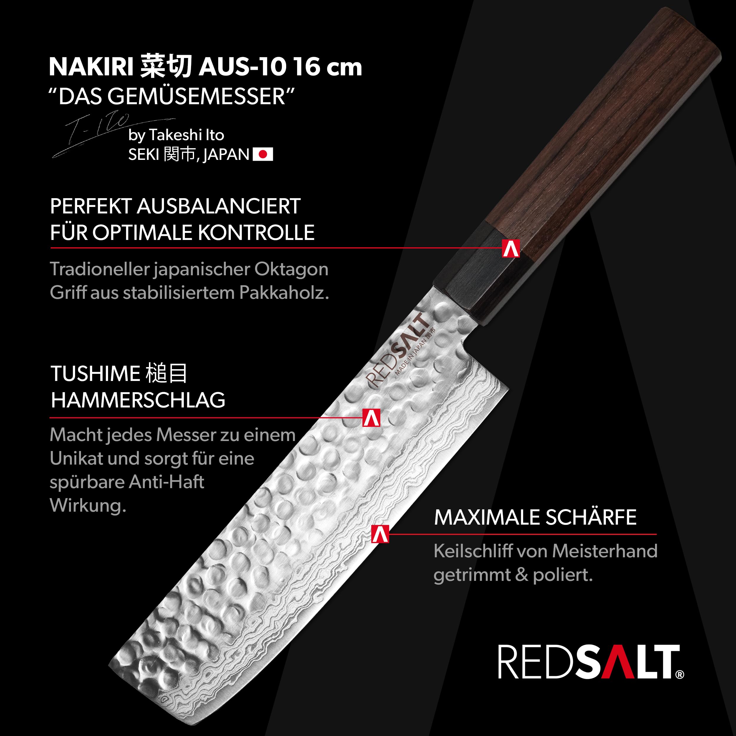 REDSALT® Professional Series NAKIRI 菜切 16cm coltello da cuoco damasco fatto a mano in Giappone | Coltello da chef professionale extra affilato in acciaio inox lama martellata | Coltello da cucina